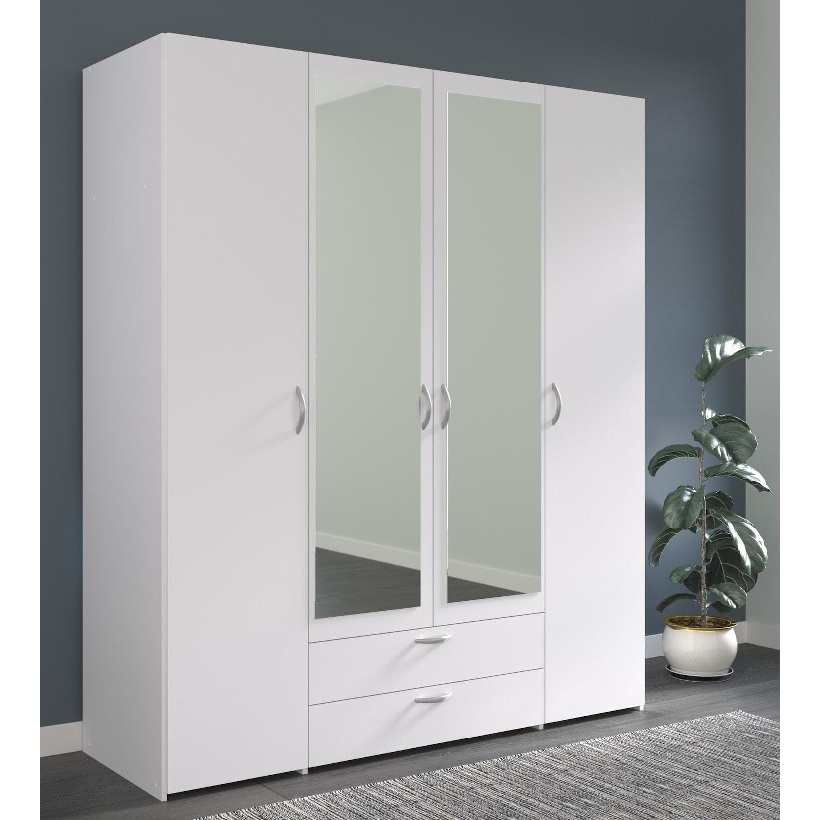 4-türiger Kleiderschrank mit Spiegel in Weiß