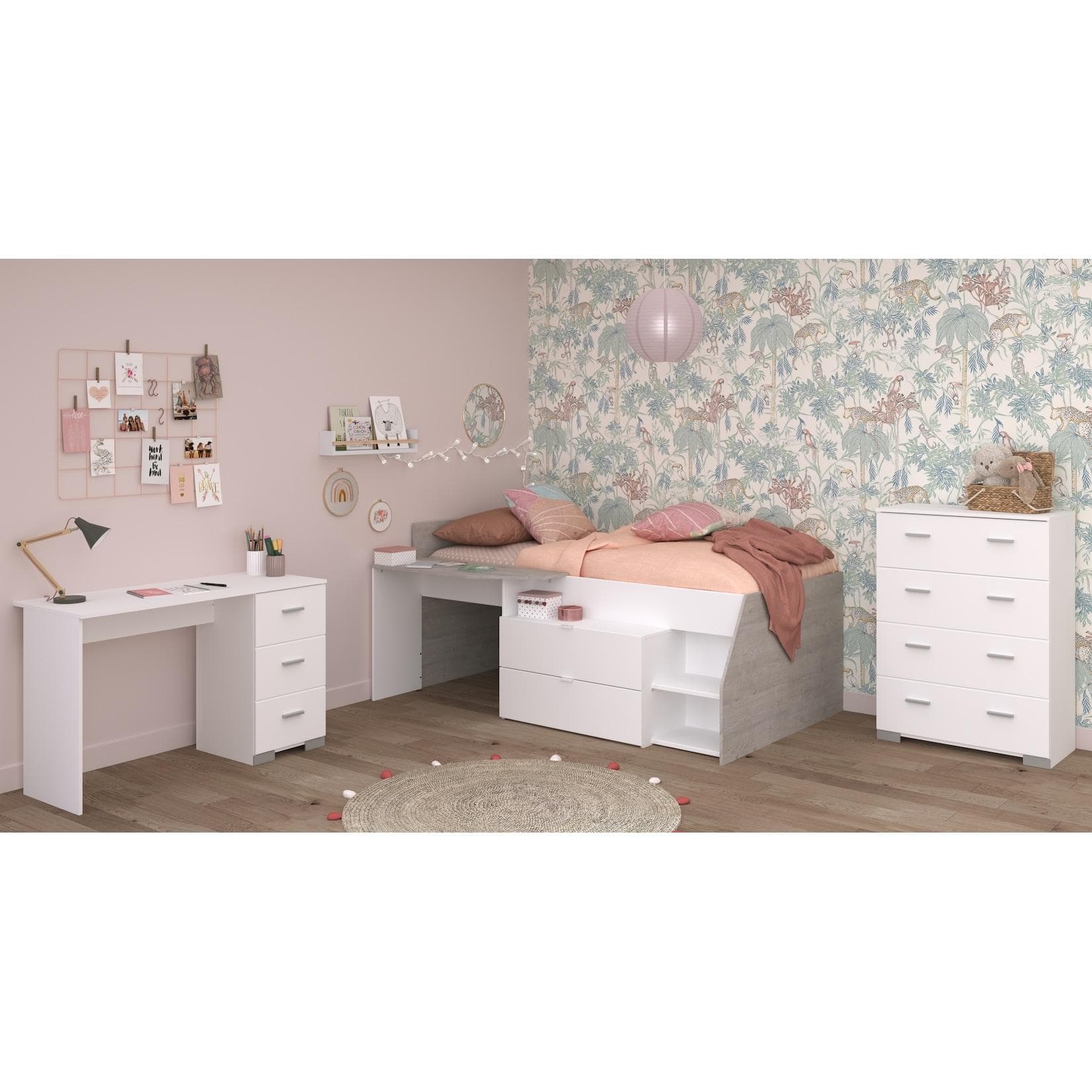 Parisot Jugendzimmer-Set Milky 15 Weiß Hochbett Kommode Schreibtisch