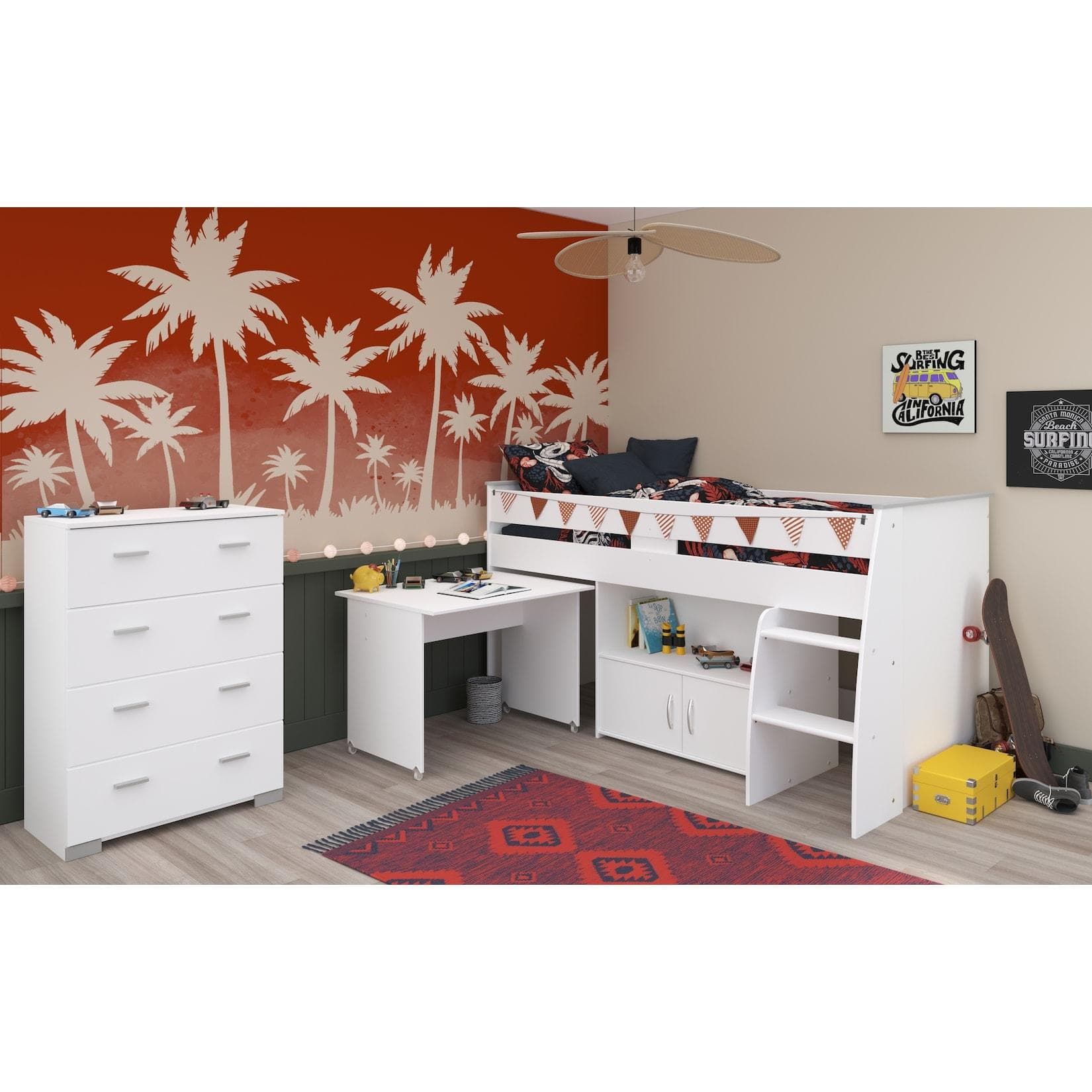 Jugendzimmer-Set PARISOT Hochbett mit Schreibtisch und Kommode