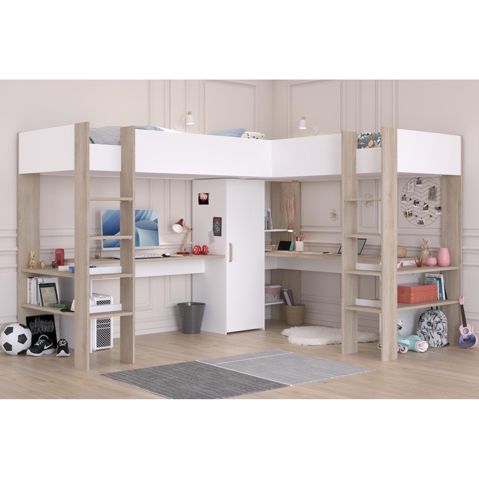 Parisot Eck-Hochbett Alex Weiß mit 2 Schreibtischen und Stauraum