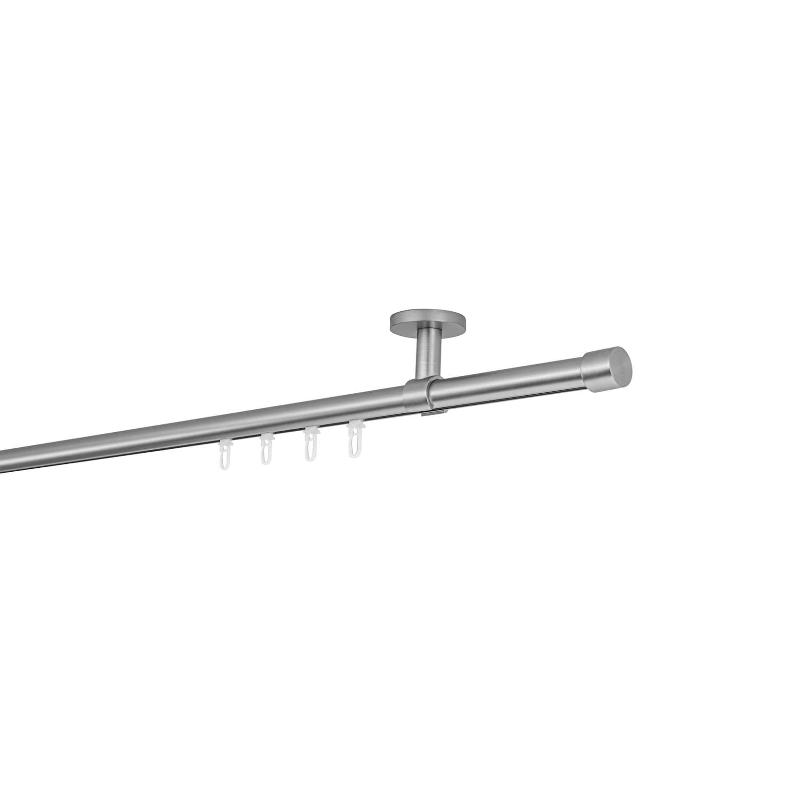Ondeco Gardinenstange auf Maß Innenlauf 20mm Cap 1-lauf Deckenträger 4cm mit Gleiter Edelstahl-Optik