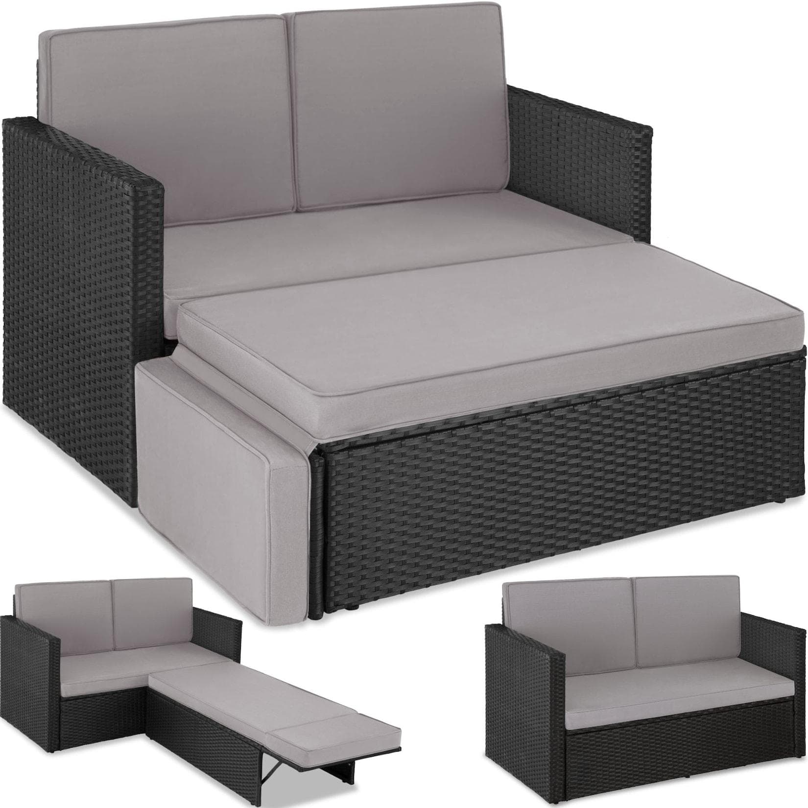 tectake Loungeset Rattan 2-Sitzer mit Hocker Schwarz/Grau