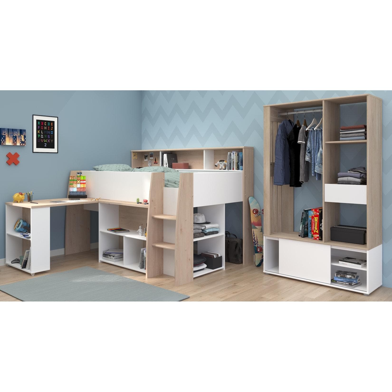 Ausziehbares Jugendzimmer-Set mit offener Kleiderschrank, Ablagen & Regalen