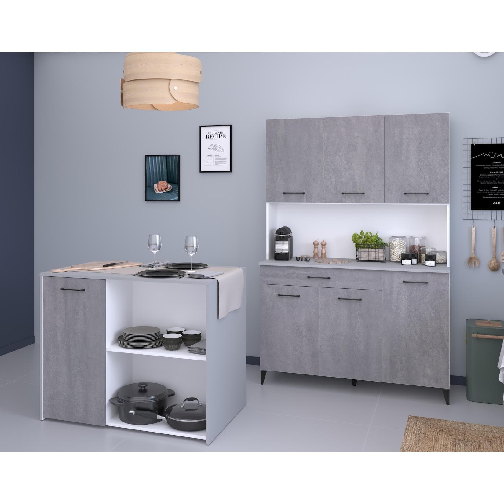 PARISOT Malice 4 Buffet-Set Grau/Weiß Betonoptik mit Insel