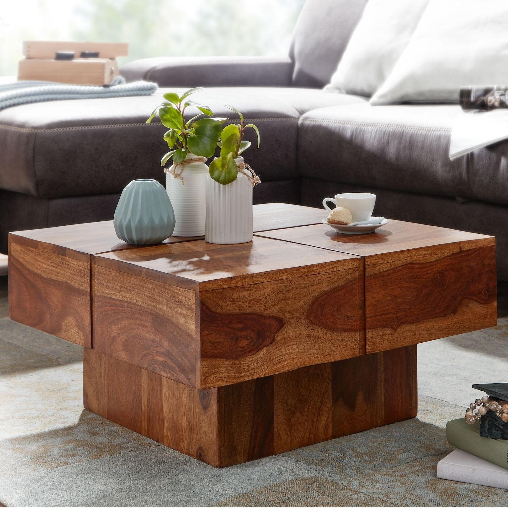FineBuy Couchtisch Massivholz Modern Quadratisch Wohnzimmertisch