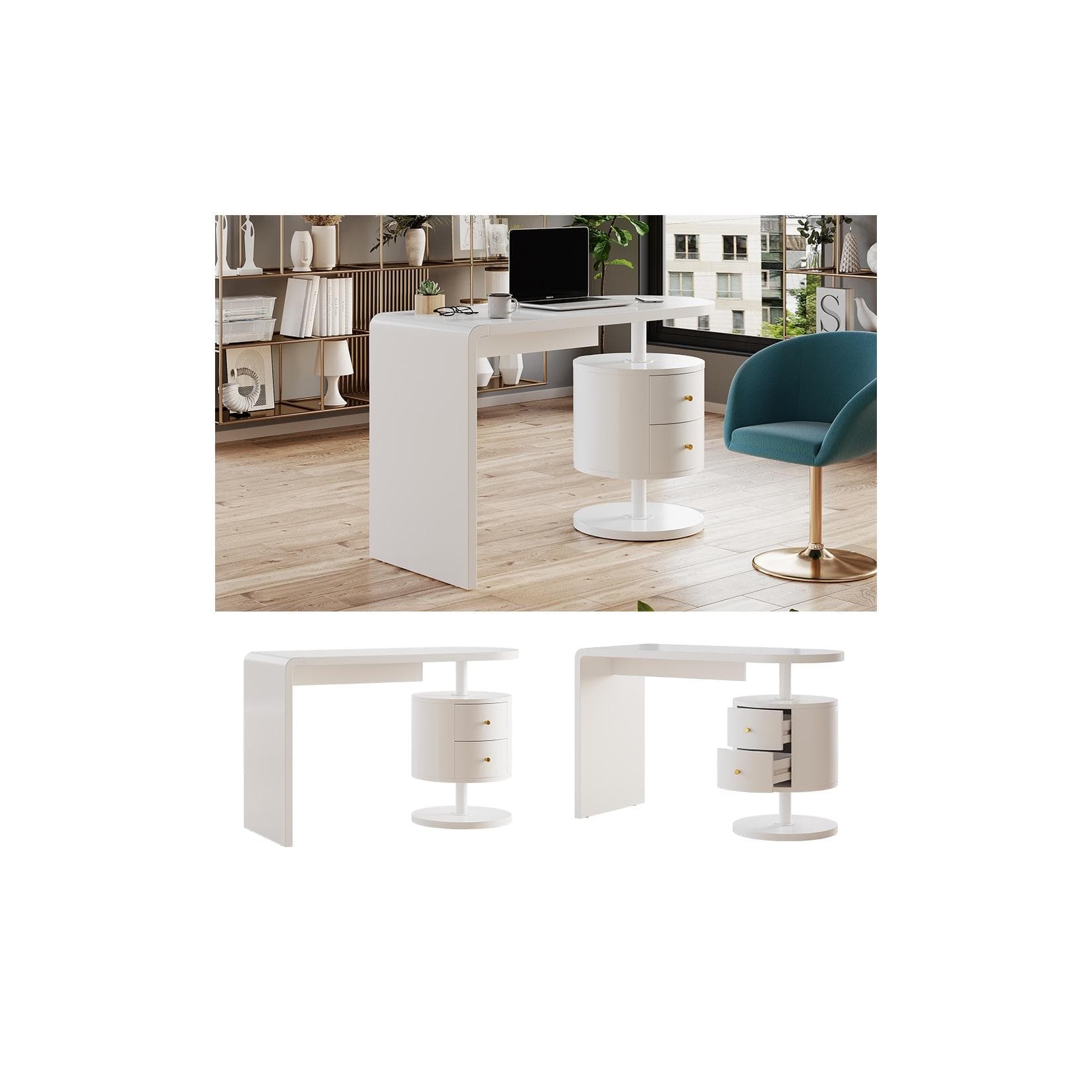 Hochglanz-Schreibtisch Weiß mit 2 Schubladen