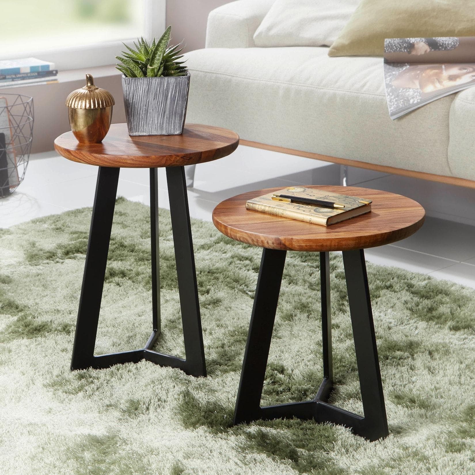 Sheesham Massivholz Couchtisch Set - Rund & Modern (2er Set)