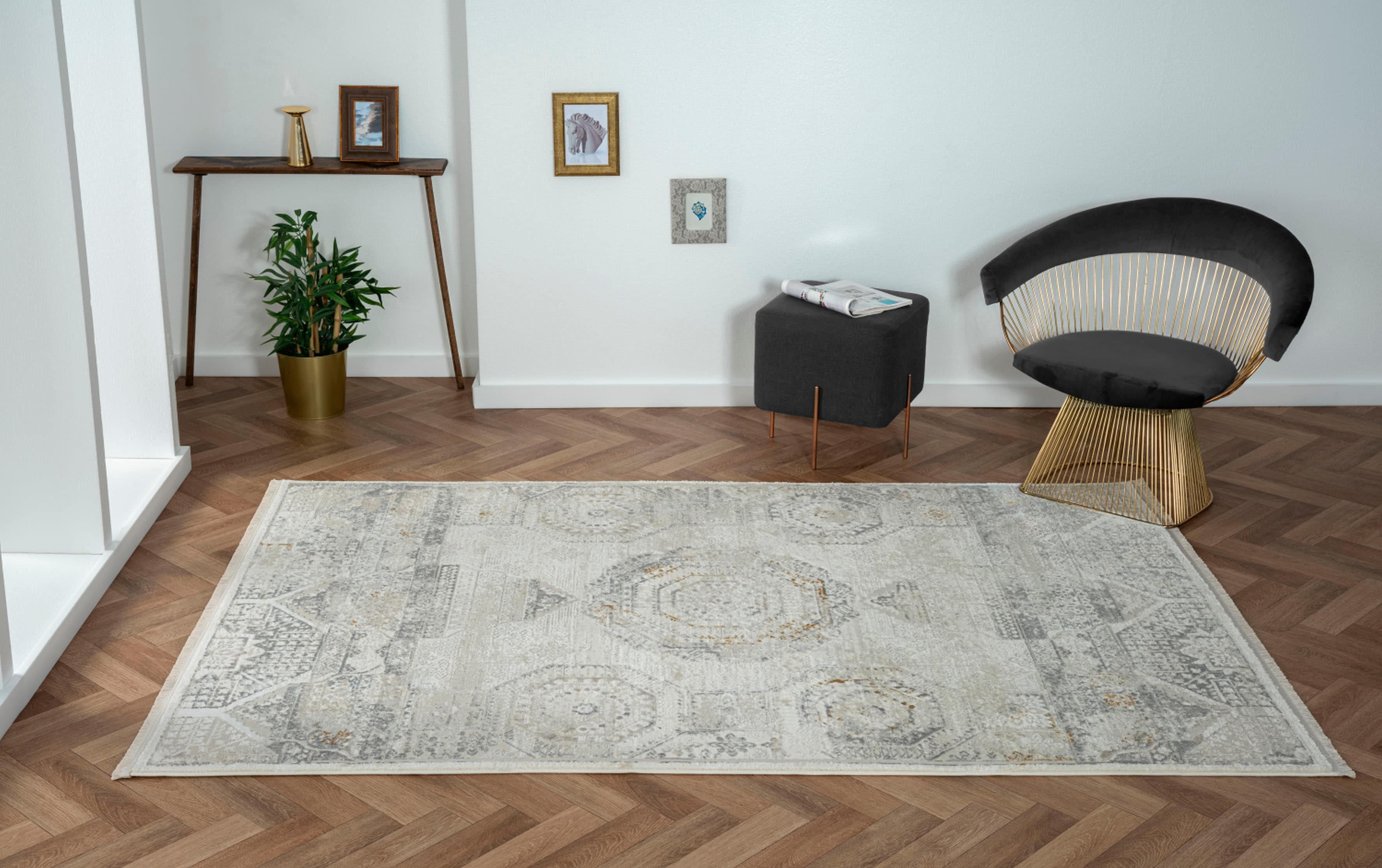 MyFlair Teppich My Kazak Retro-Style Beige Grau Weiß Kurzflor