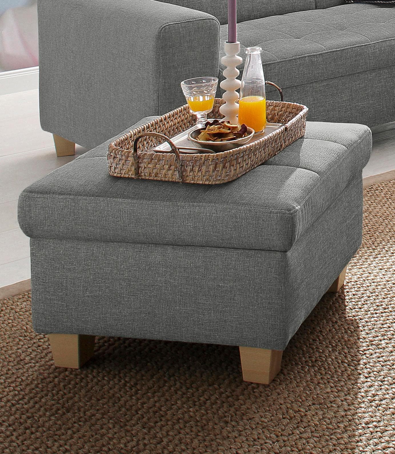 Hocker HOME AFFAIRE Corby hellgrau Polyester Leder Sitzfläche