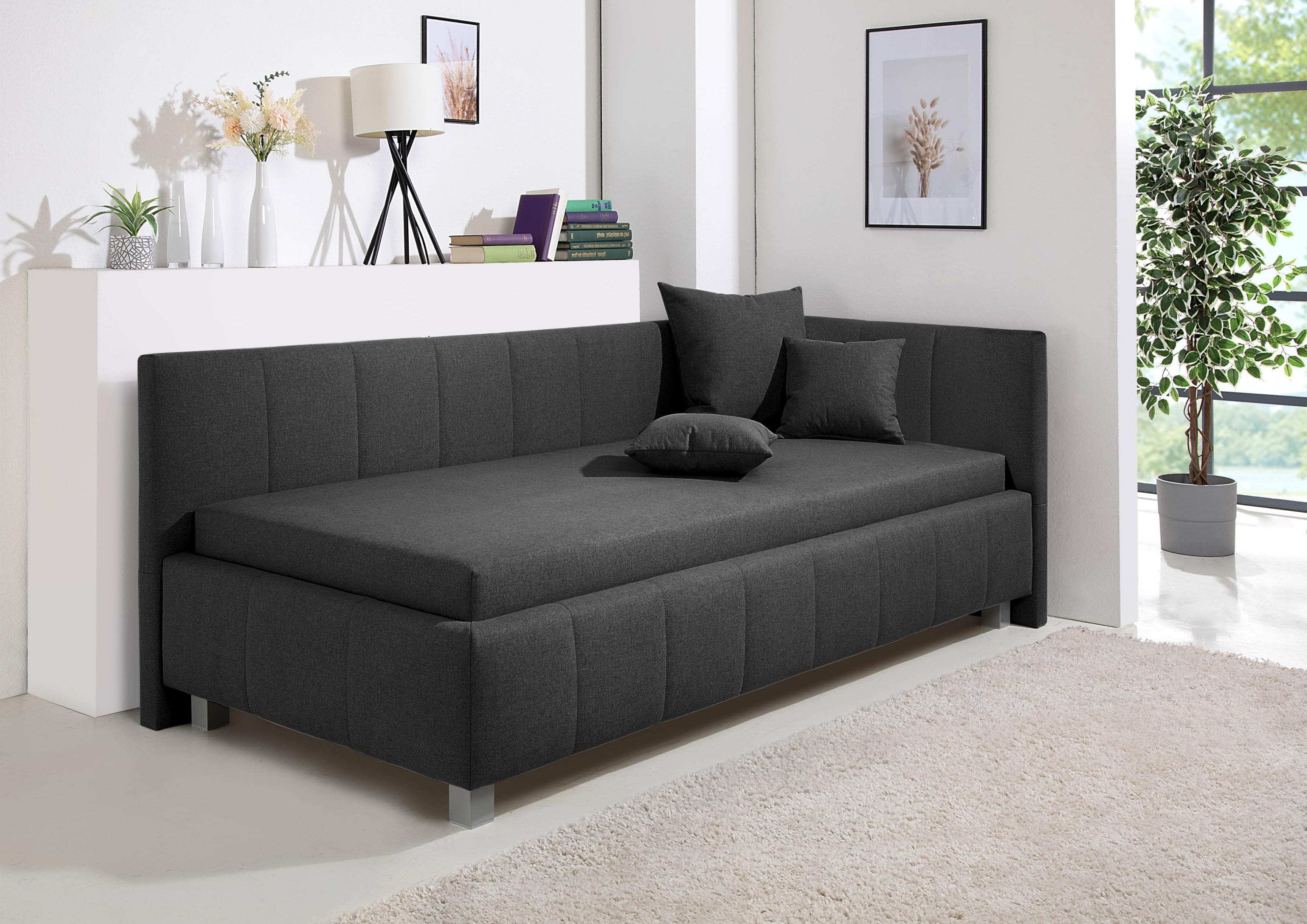 Polsterliege mit Kopfteil und Bettkasten - Federkern oder Bonell