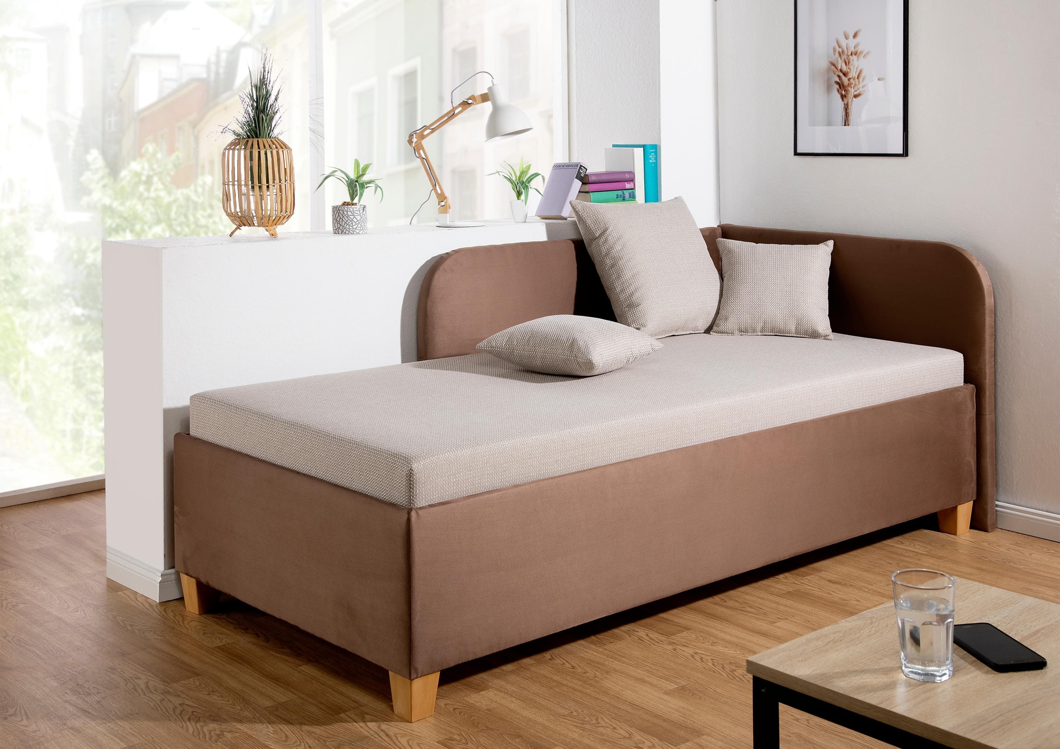 Polsterliege MAINTAL Aolana Beige mit Bettkasten und Federkernmatratze