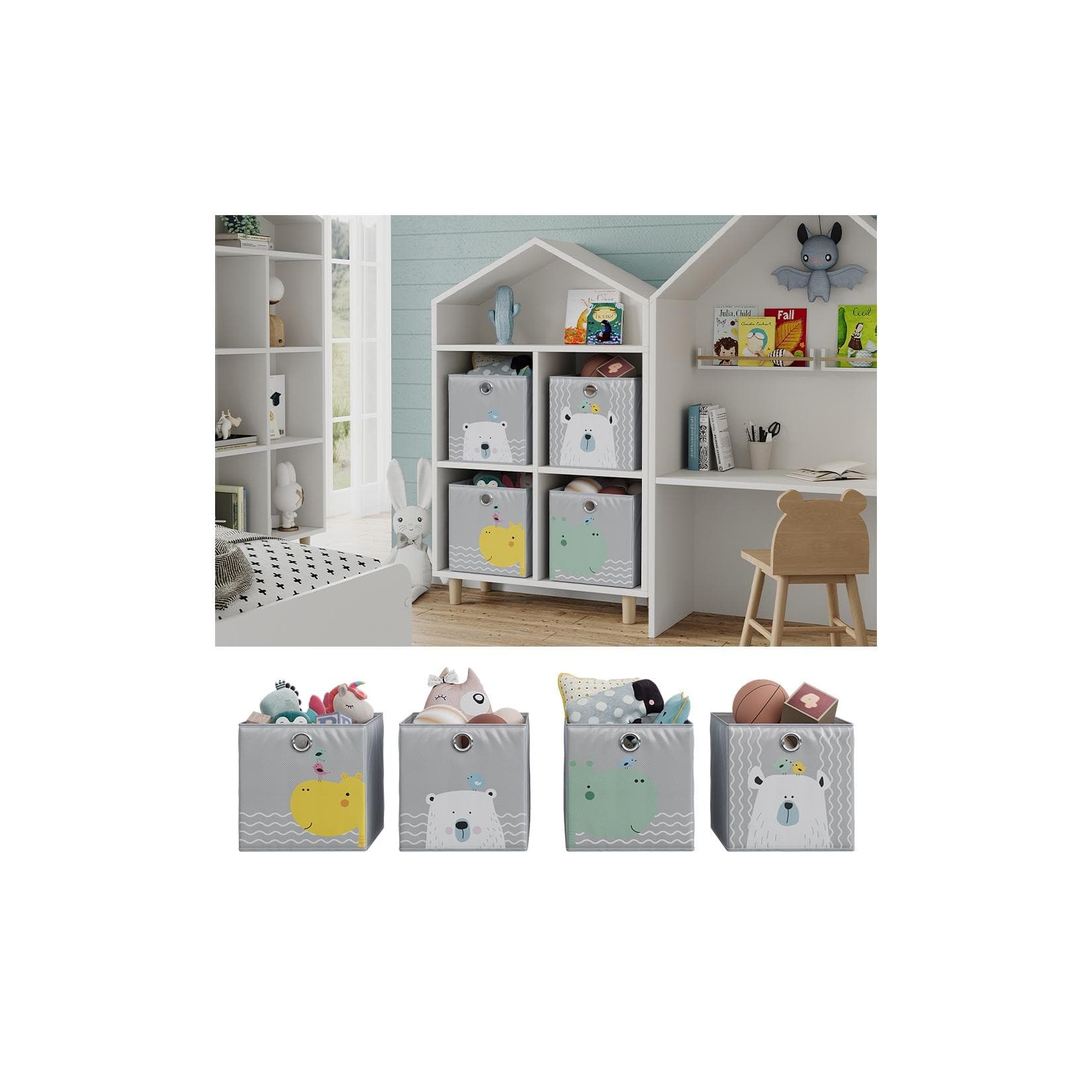 Vicco Kinderfaltboxen Grau - Entzückendes Design mit Bär & Nilpferd Motiv