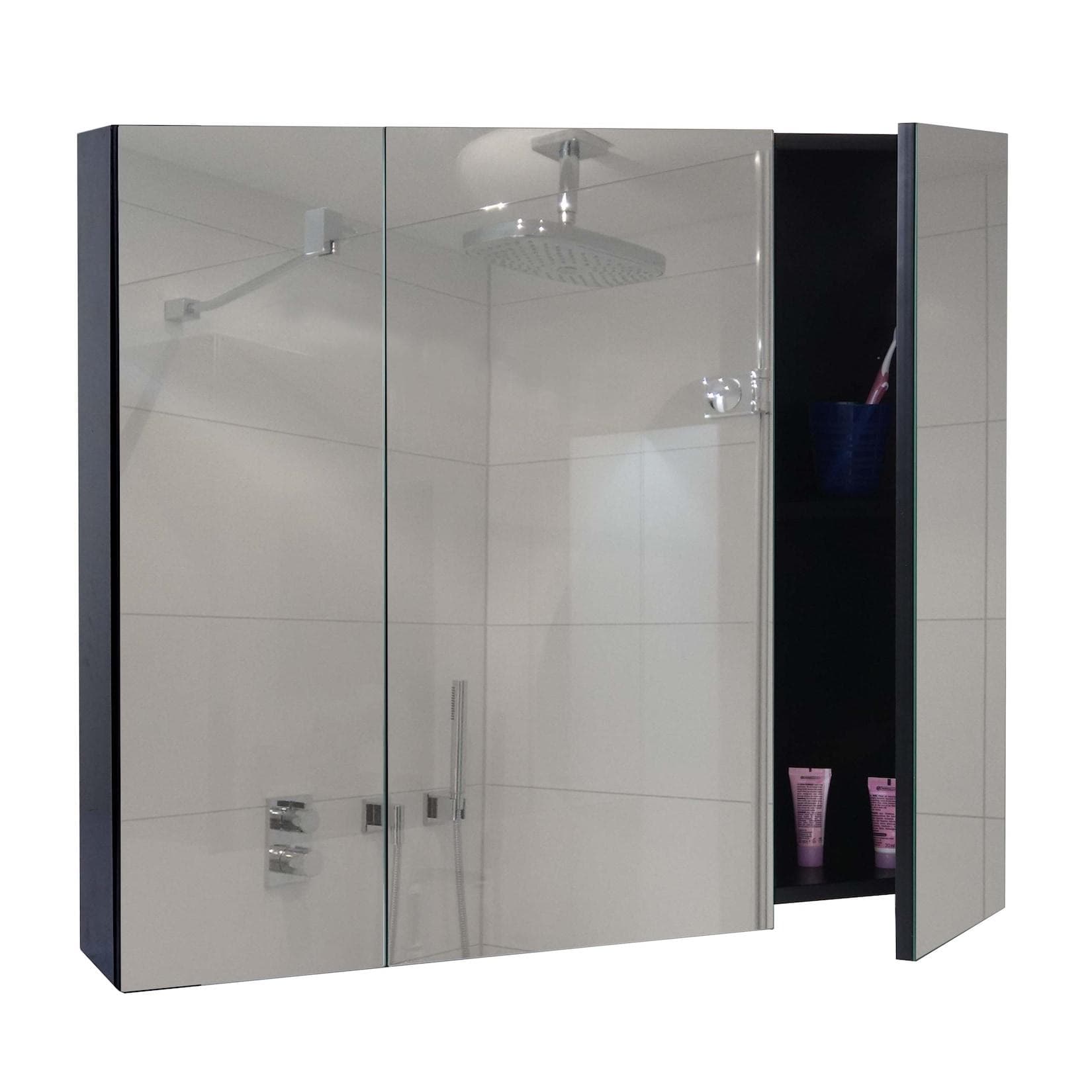 MCW Spiegelschrank B19b Hochglanz Schwarz 6 Regalböden Soft-Close