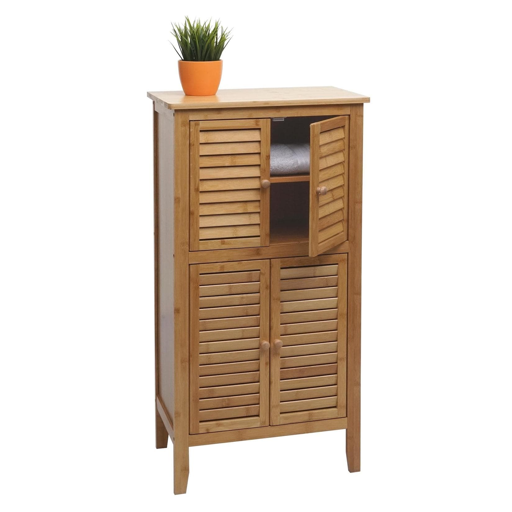 MCW Badezimmerschrank 4 Türen Bambus Regal Kommode