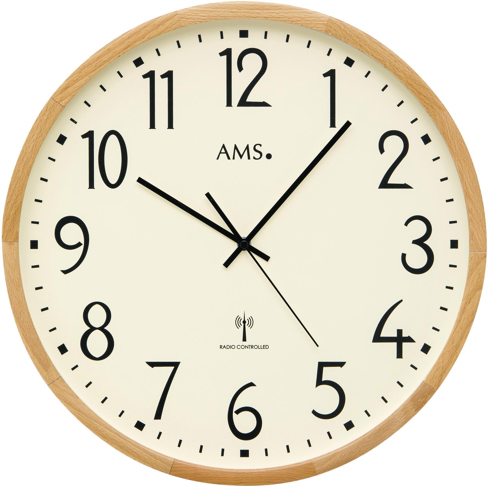 AMS Funkwanduhr F5534 Braun Buche Glas Quarz