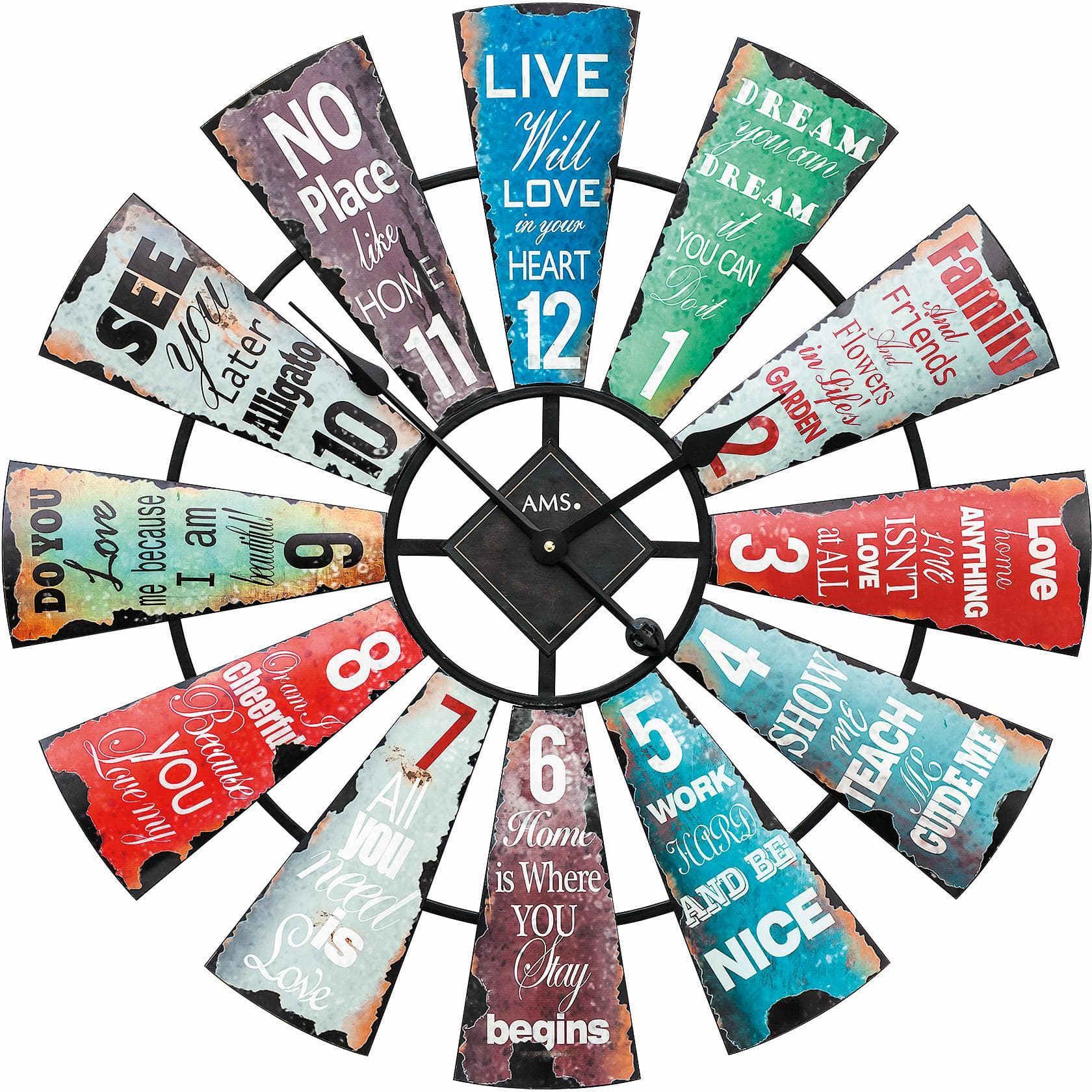 AMS Wanduhr W9531: Moderne Quarzuhr mit Windrad-Design und Sprüchen