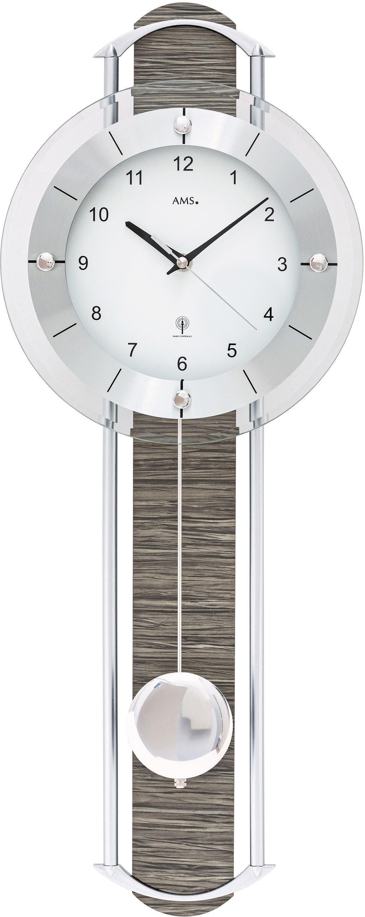 AMS Funk-Pendelwanduhr F5304 Aluminium-Holzgehäuse Braun/Schwarz/Silber