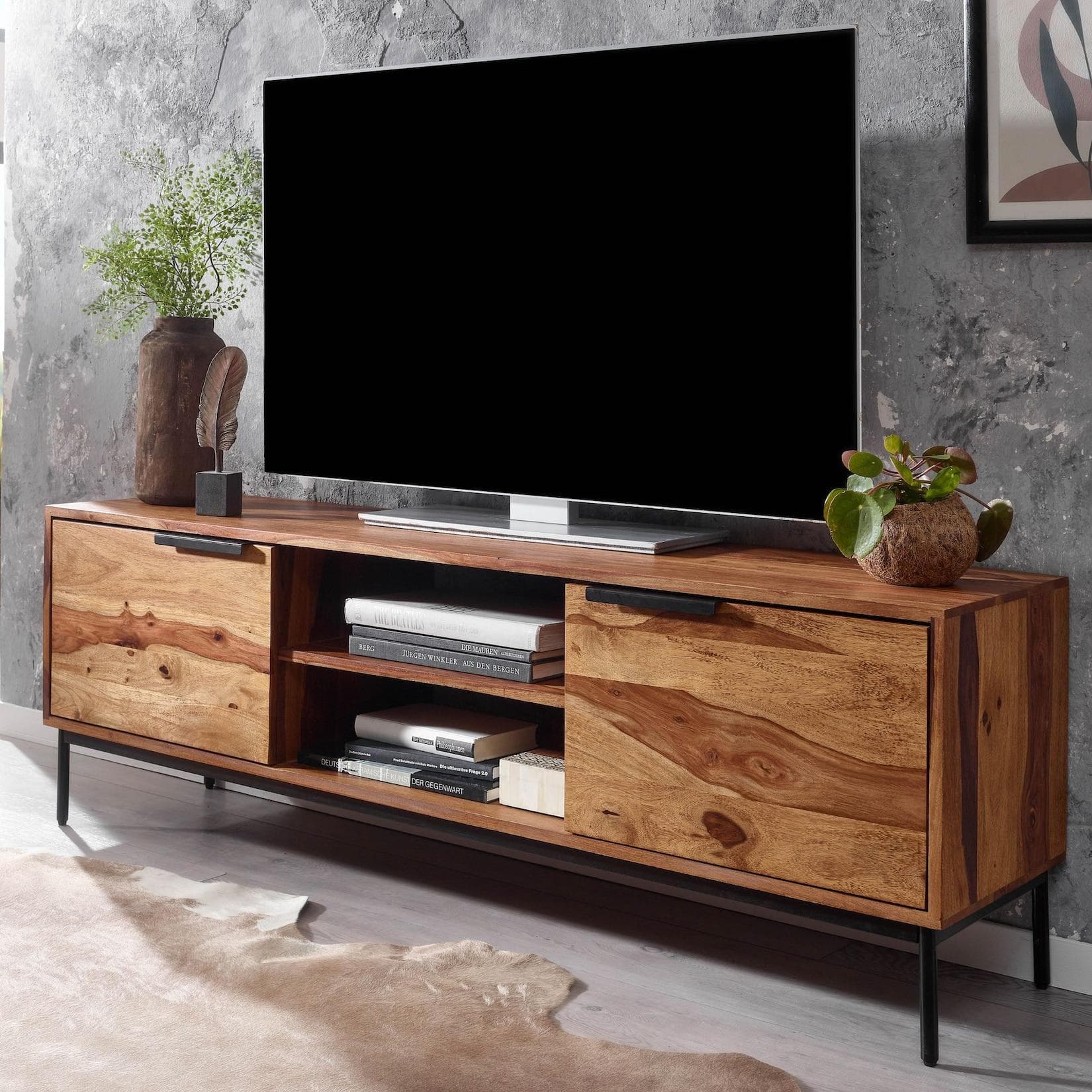 FINEBUY Lowboard FB78857: Moderner TV-Schrank aus Sheesham Holz mit Stauraum