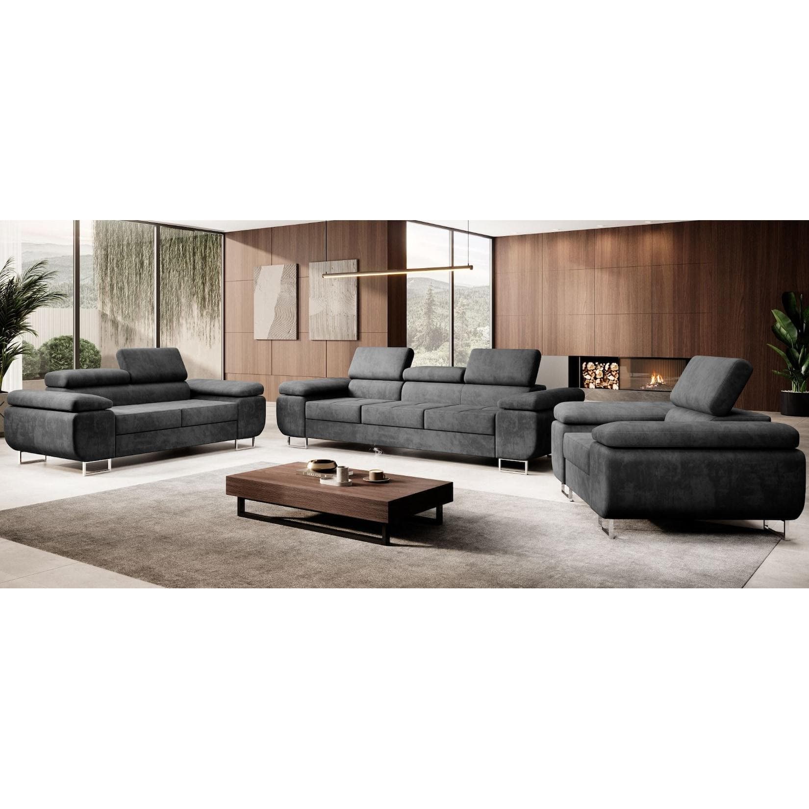 M-Punkt Polstergarnitur Miami 3-2-1 Samtstoff Grau Anthrazit