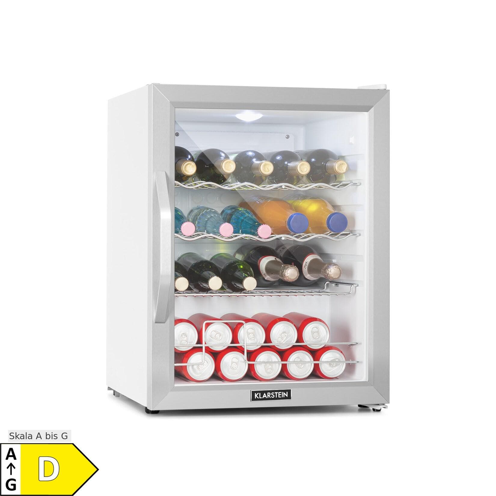 Klarstein Beersafe XL Crystal White Kühlschrank 60 Liter 4 Böden Panoramaglastür Edelstahl