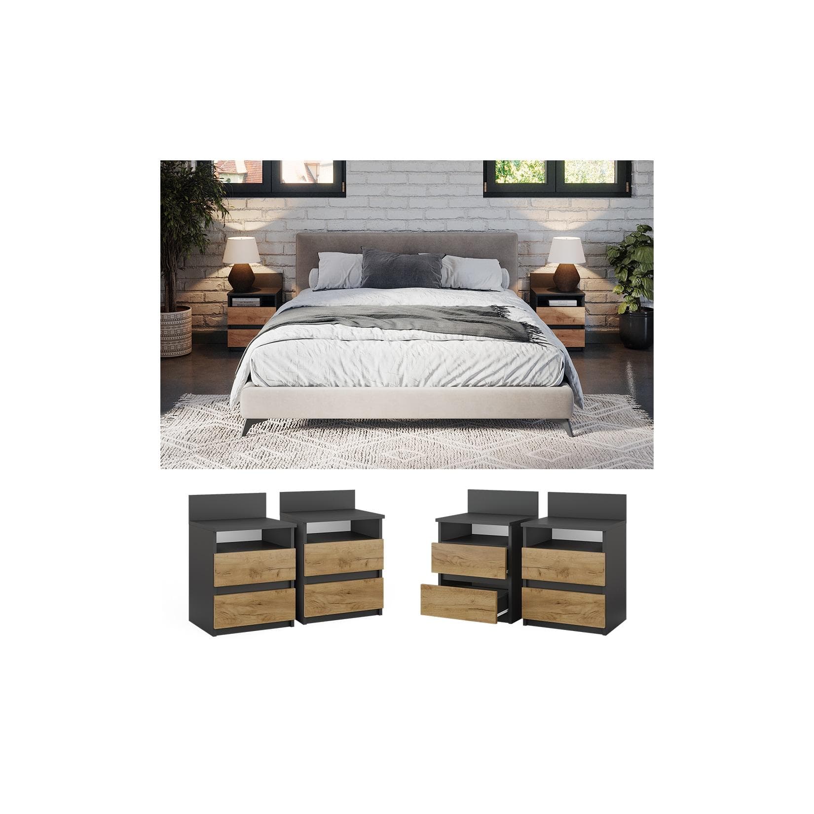 Vicco Nachttisch 2er Set Monty Anthrazit/Goldkraft Eiche