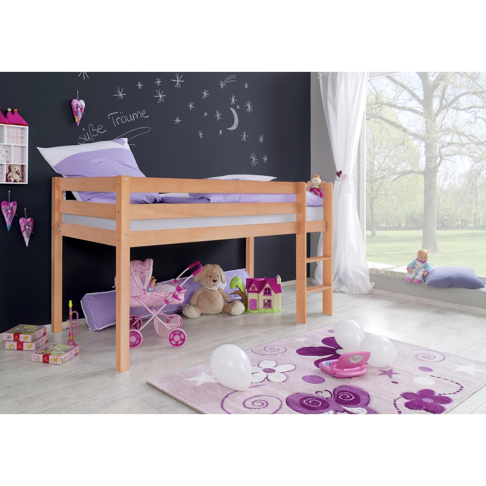 Relita Halbhohes Spielbett ALEX Massivbuche Natur Lackiert