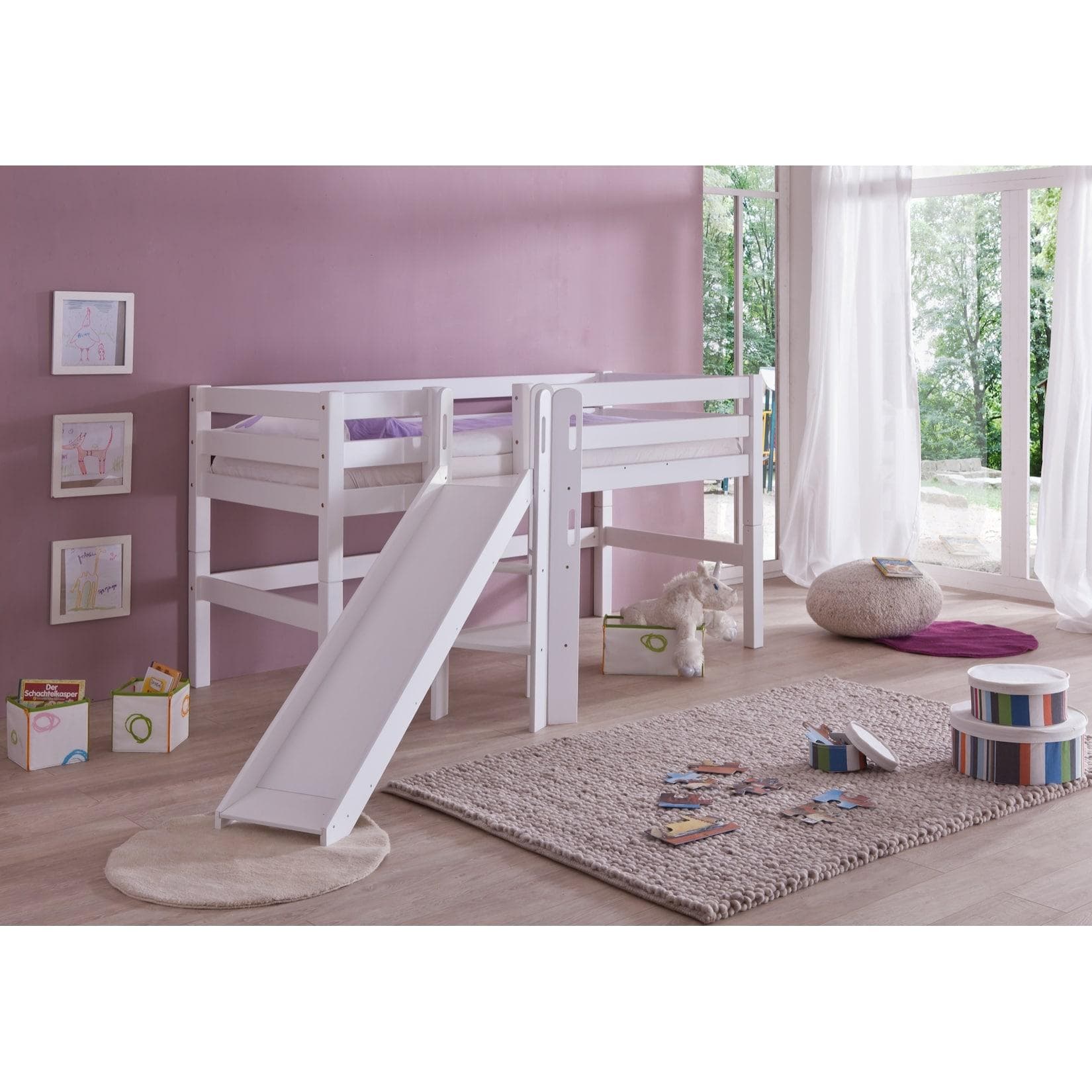 Hochbett mit Leiter und Rutsche aus massiver Buche