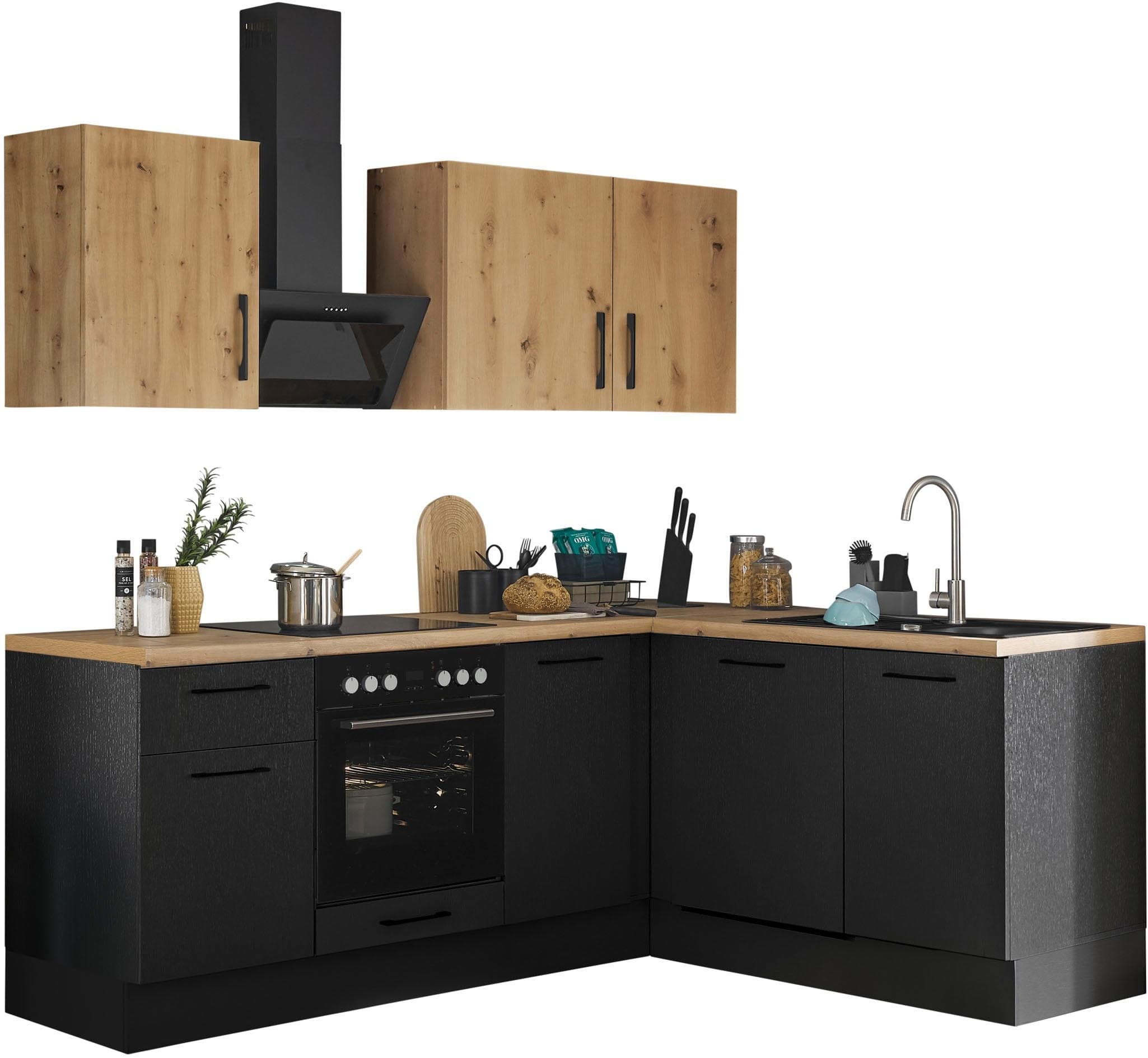 BASIC by Balculina Winkelküche Turin mit E-Geräten Schwarz Eiche