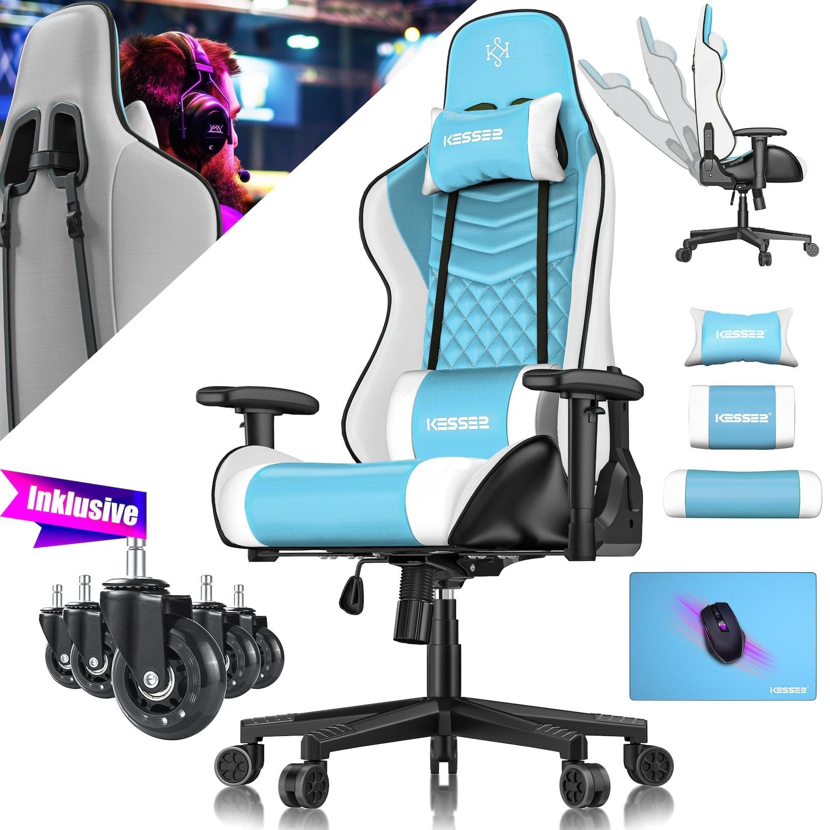Ergonomischer Gaming Stuhl mit Lenden- & Kopfkissen - Belastbar bis 150kg