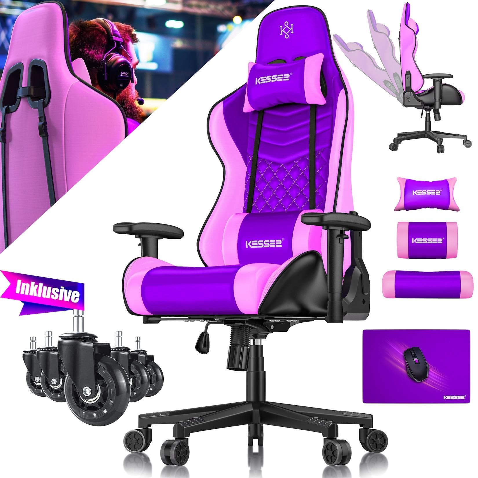 Ergonomischer Gaming Stuhl mit Lenden- & Kopfkissen - Belastbar bis 150kg