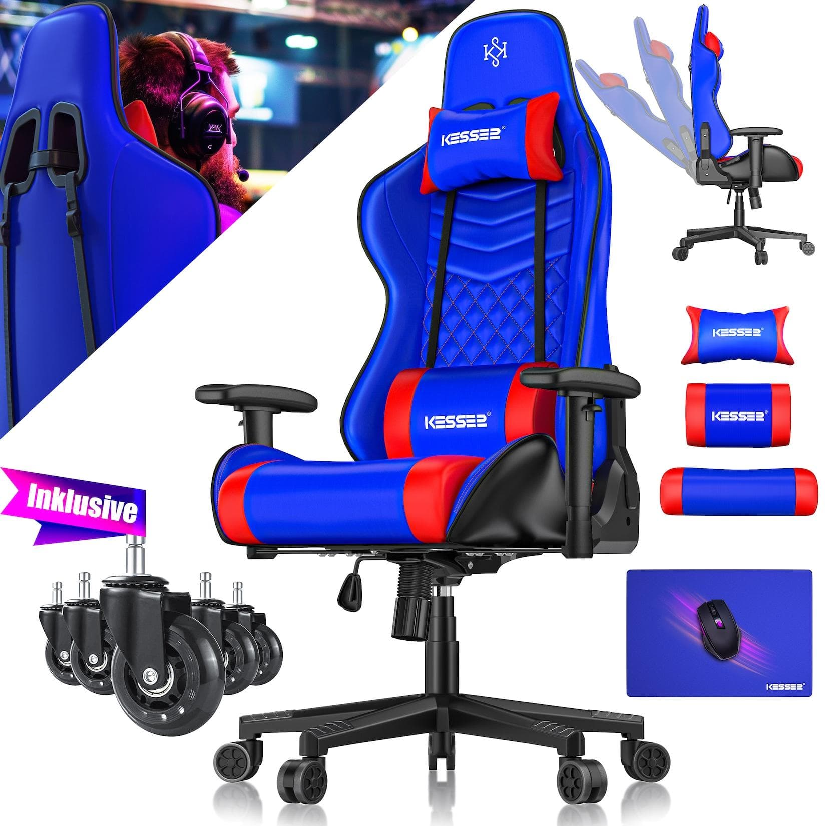 KESSER Gaming Stuhl Ergonomisch mit Kopfstütze Lendenkissen 150kg Blau Rot