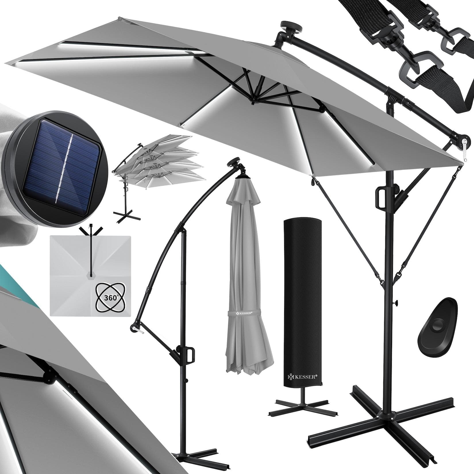 KESSER Ampelschirm Grau Aluminium mit Kurbel und UV-Schutz