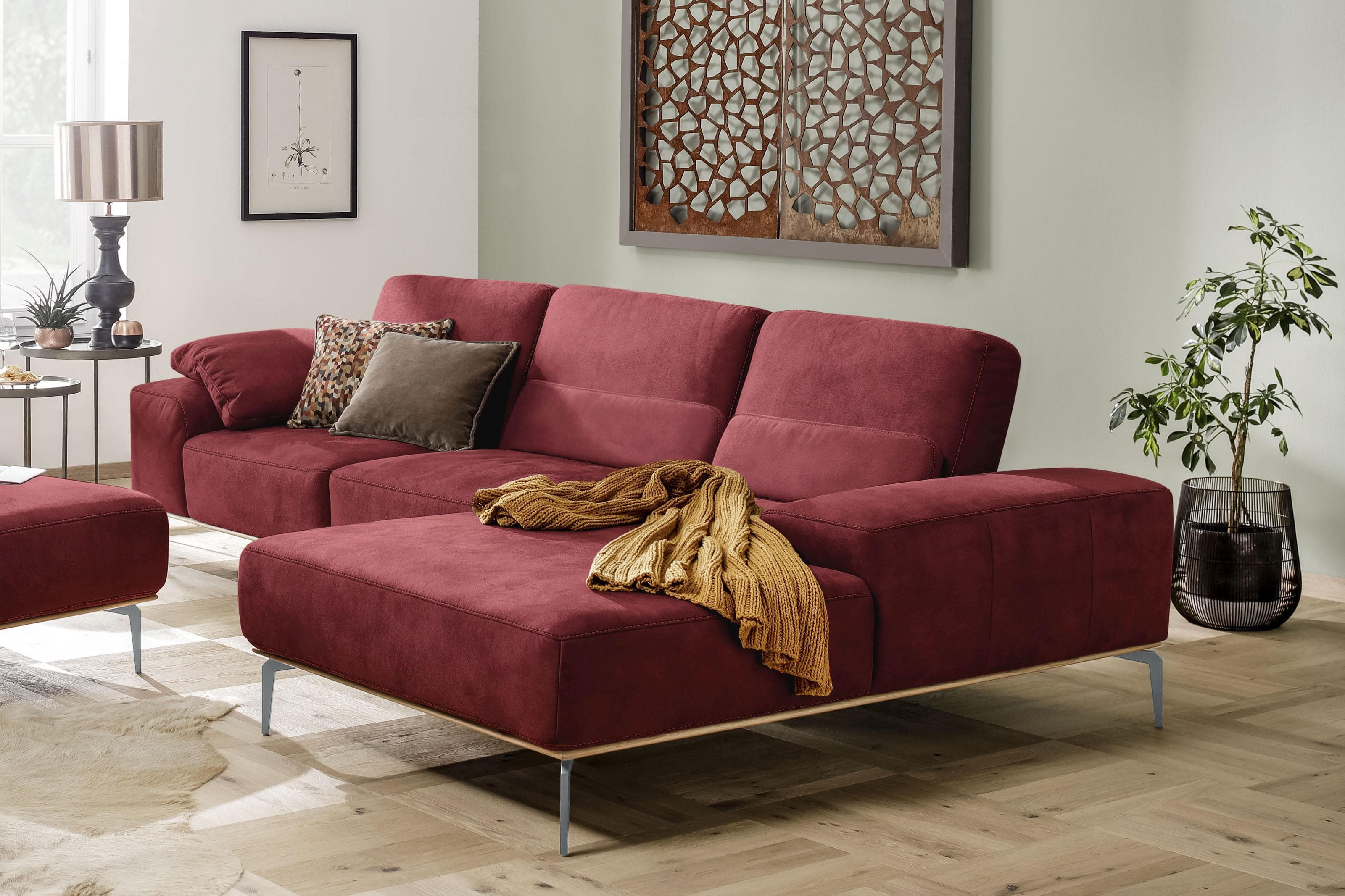 W.SCHILLIG Ecksofa run Ruby Rot Leder L-Form mit Recamiere
