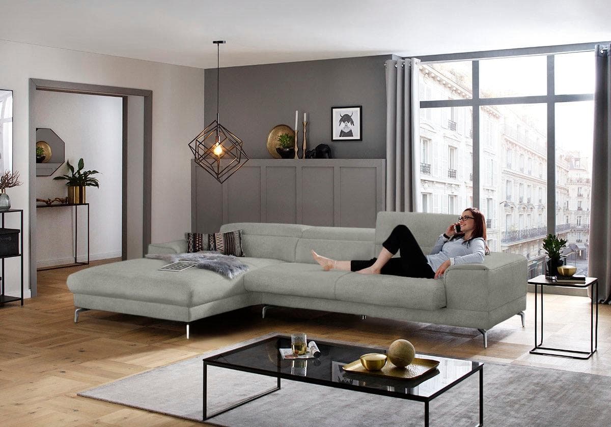W.SCHILLIG Ecksofa piedroo Grau Chenille mit Kopfteilverstellung