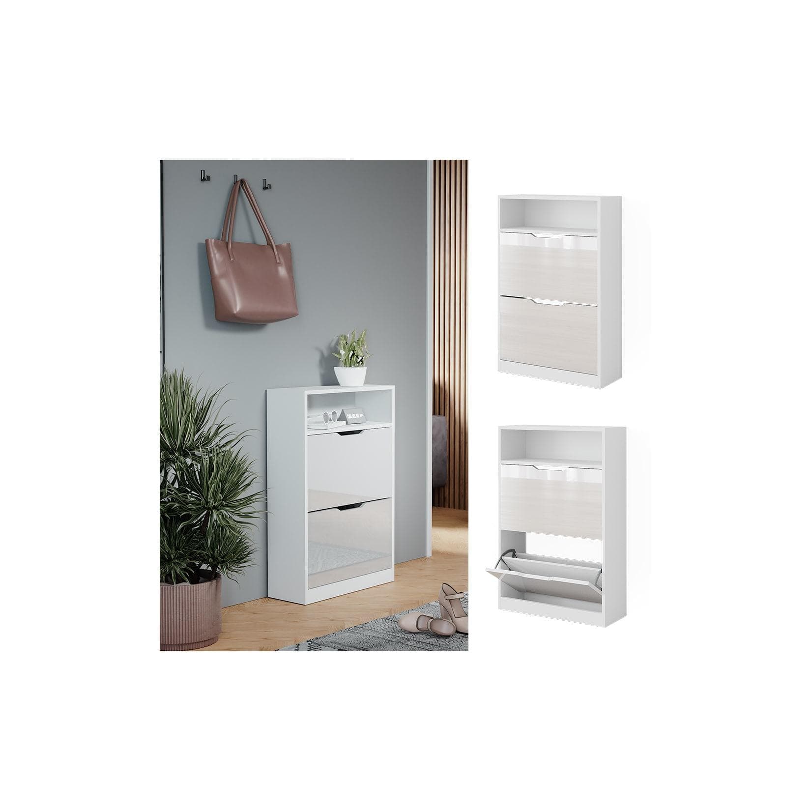 Schuhkipper Weiß Hochglanz - 2 Fächer