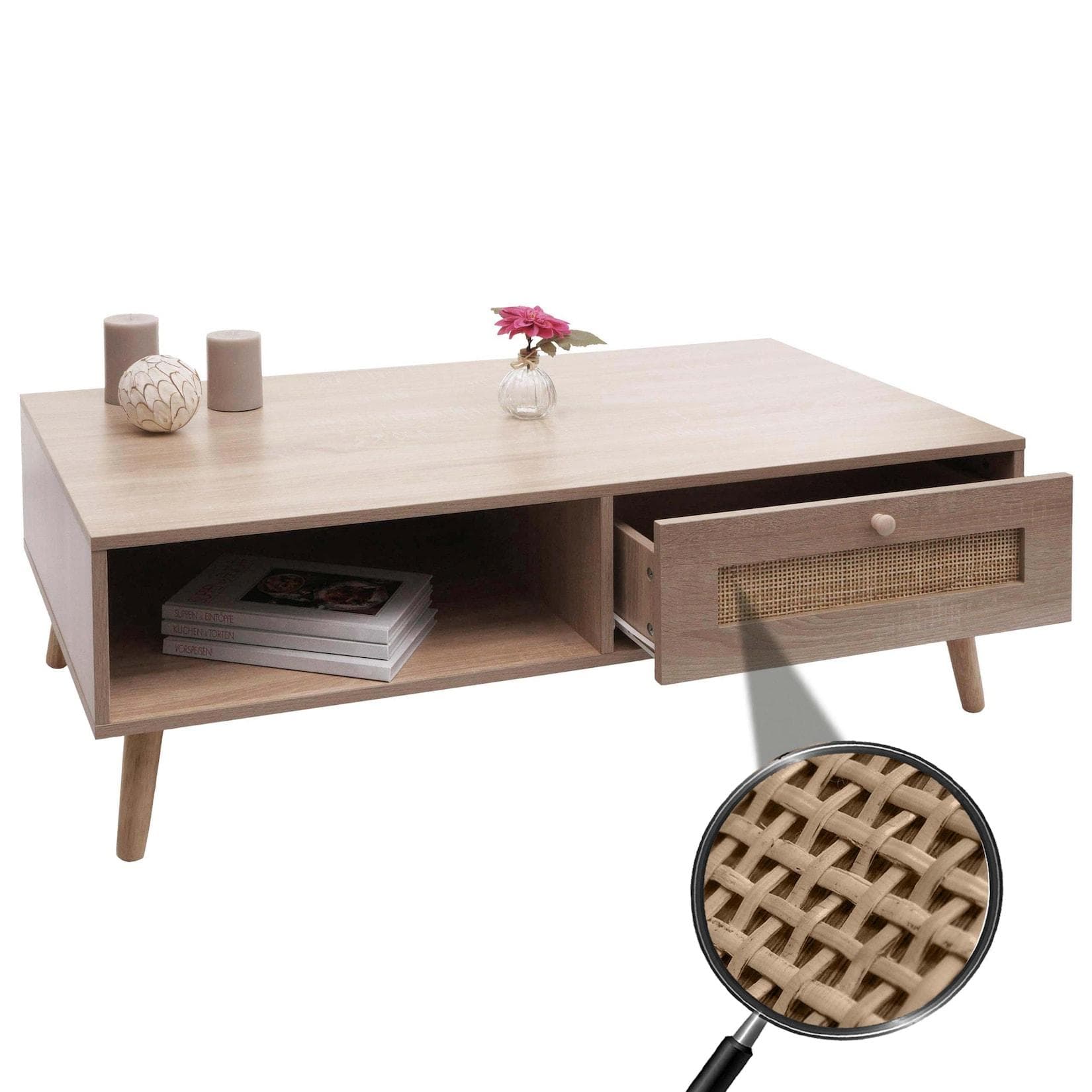 MCW Couchtisch MCW-M39 mit Kubu-Rattan Schublade Eiche-Optik