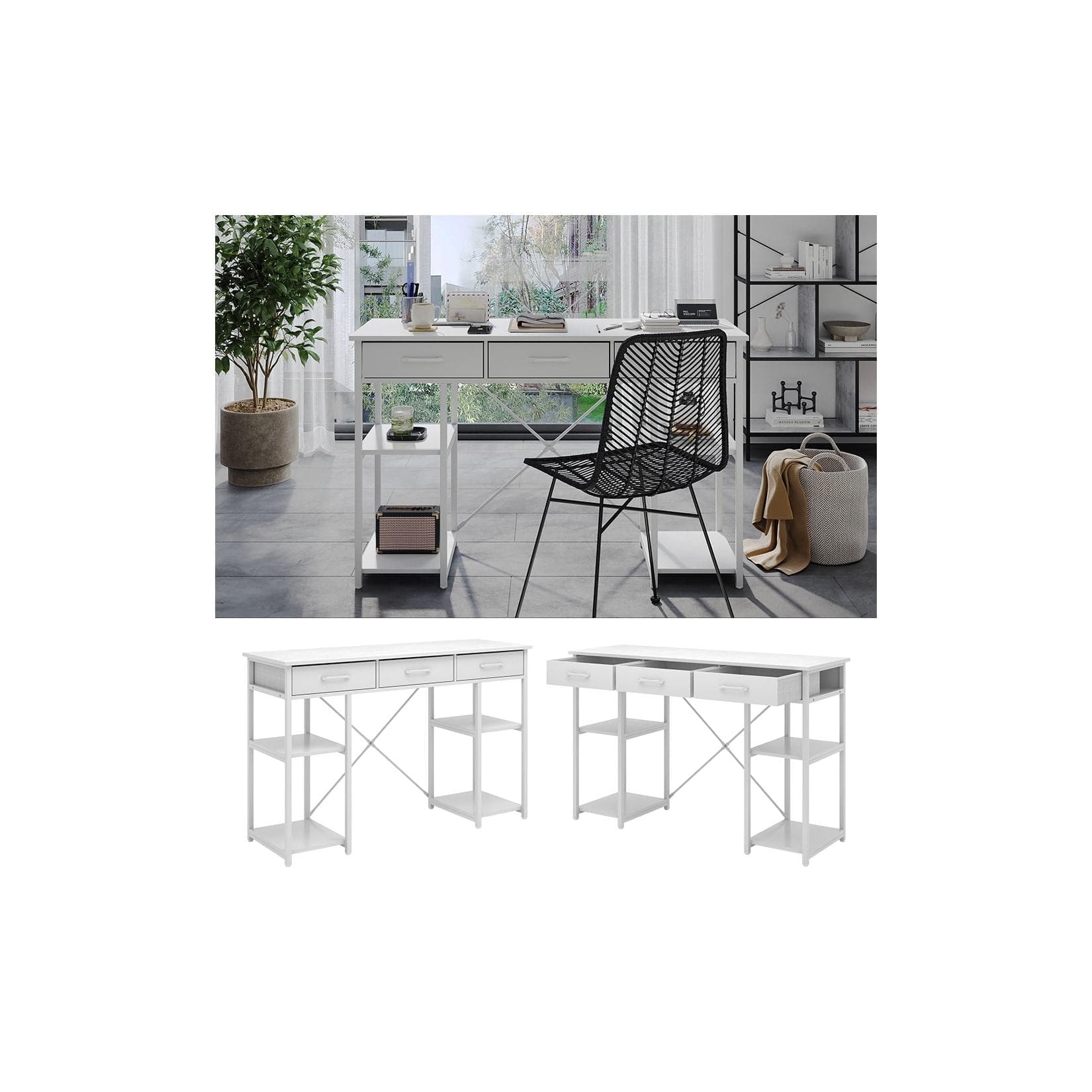 Vicco Schreibtisch Chino Weiß mit 3 Vlies-Schubladen