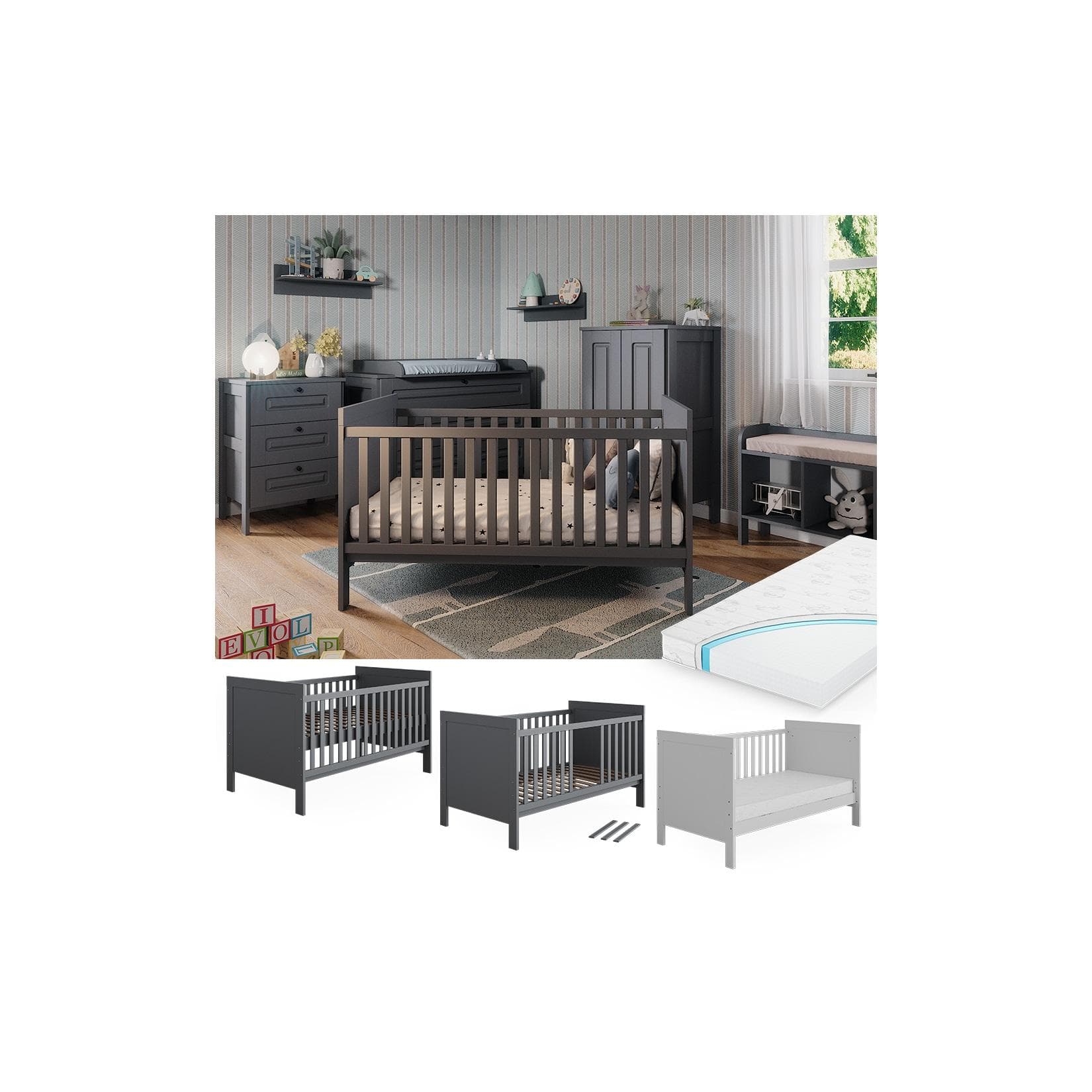 Graues Babybett Ajaton mit Matratze