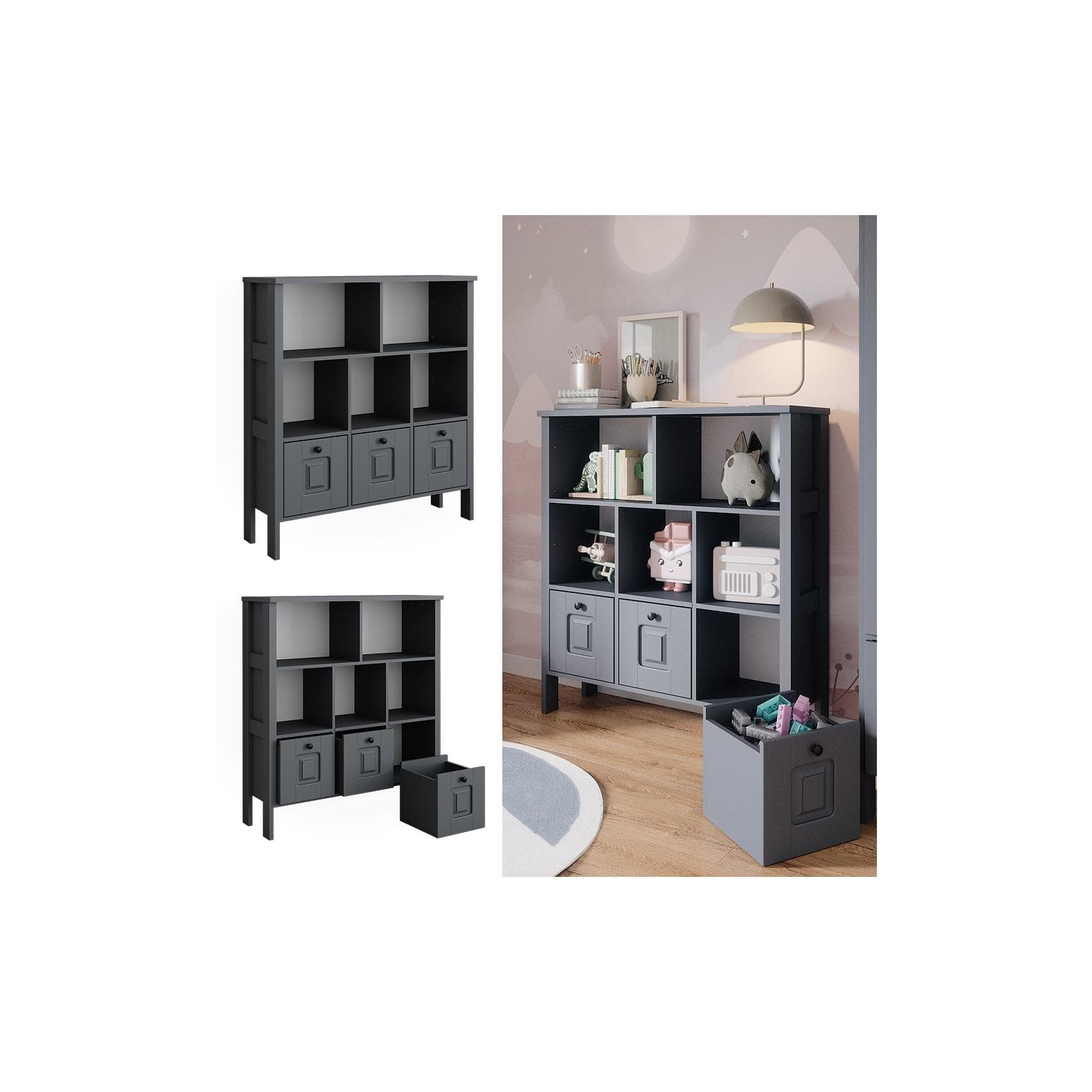 VitaliSpa® Bücherregal Ajaton Grau mit Schubladen