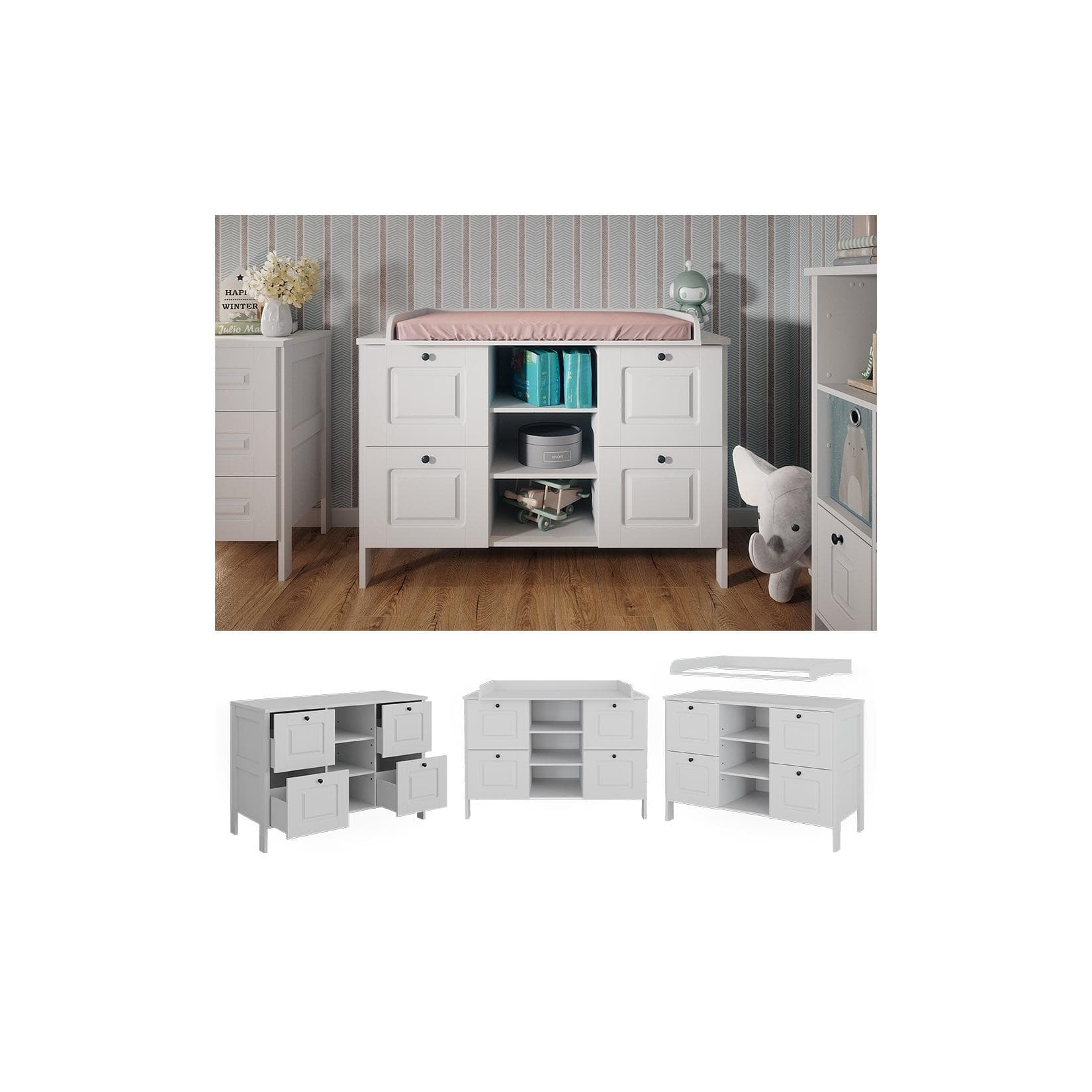 Wickelkommode mit 4 Schubladen in Weiß