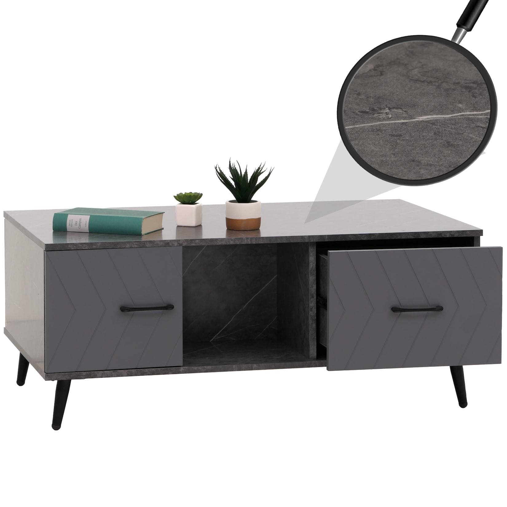 MCW Couchtisch MCW-N89 Grau Marmor-Optik mit Schubladen und Türen