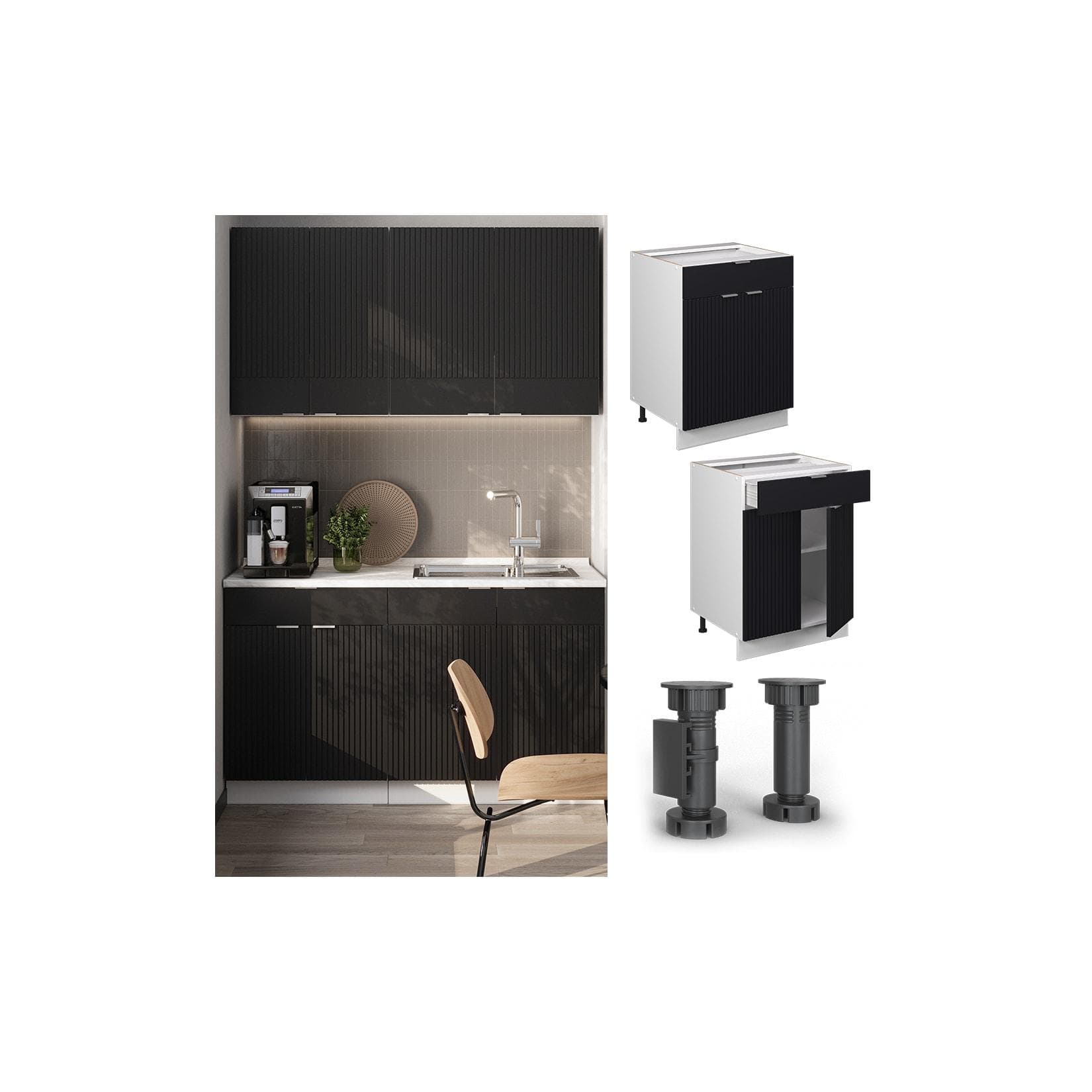 Vicco Fame-Line Küchenunterschrank Schwarz gestreift/Weiß mit Schublade und Marmor Arbeitsplatte