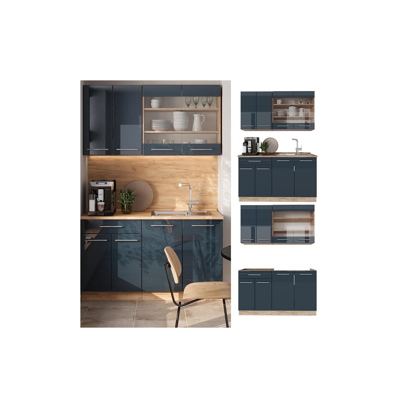 Vicco Küchenzeile Fame-Line Eiche Dunkelblau Hochglanz 140 cm