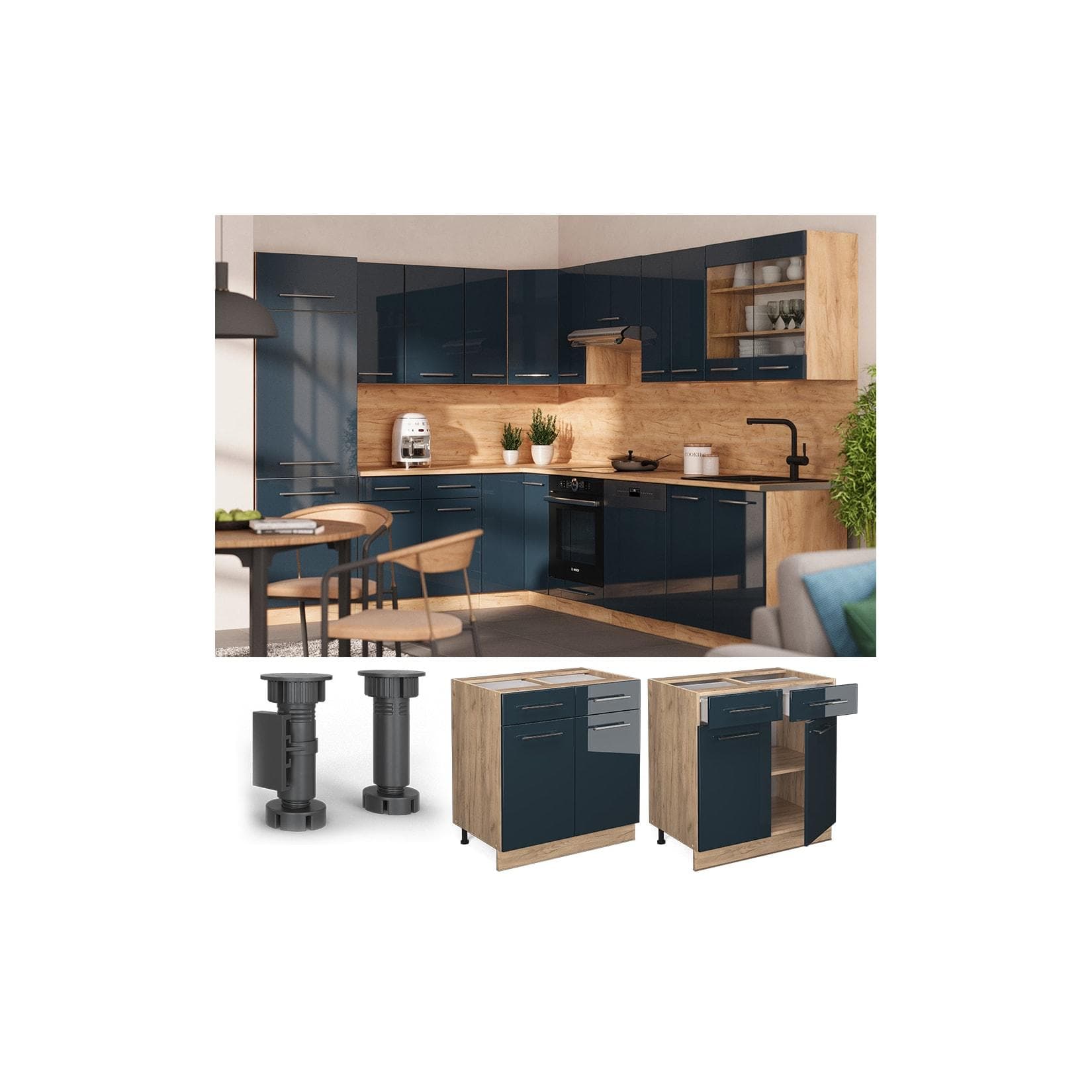 Vicco Schubunterschrank Fame-Line Eiche Dunkelblau Hochglanz 80 cm