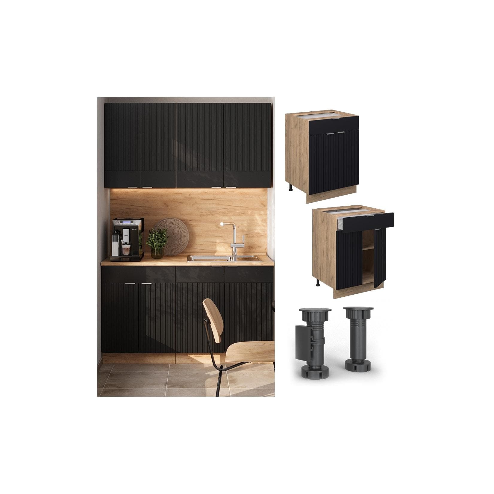 Vicco Schubunterschrank Fame-Line Eiche Schwarz mit Marmor-Arbeitsplatte