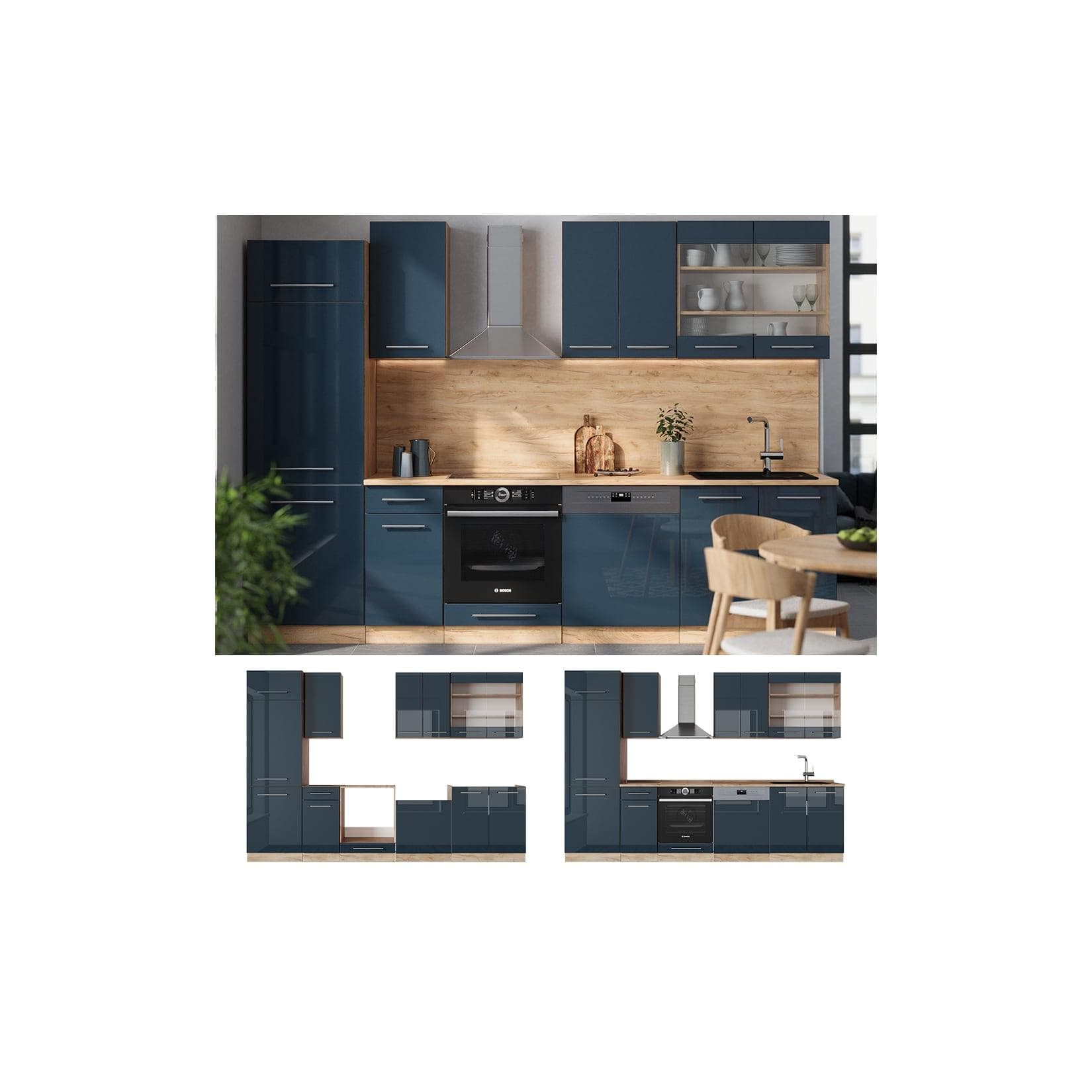Vicco Küchenzeile Fame-Line Eiche Dunkelblau Hochglanz 300 cm