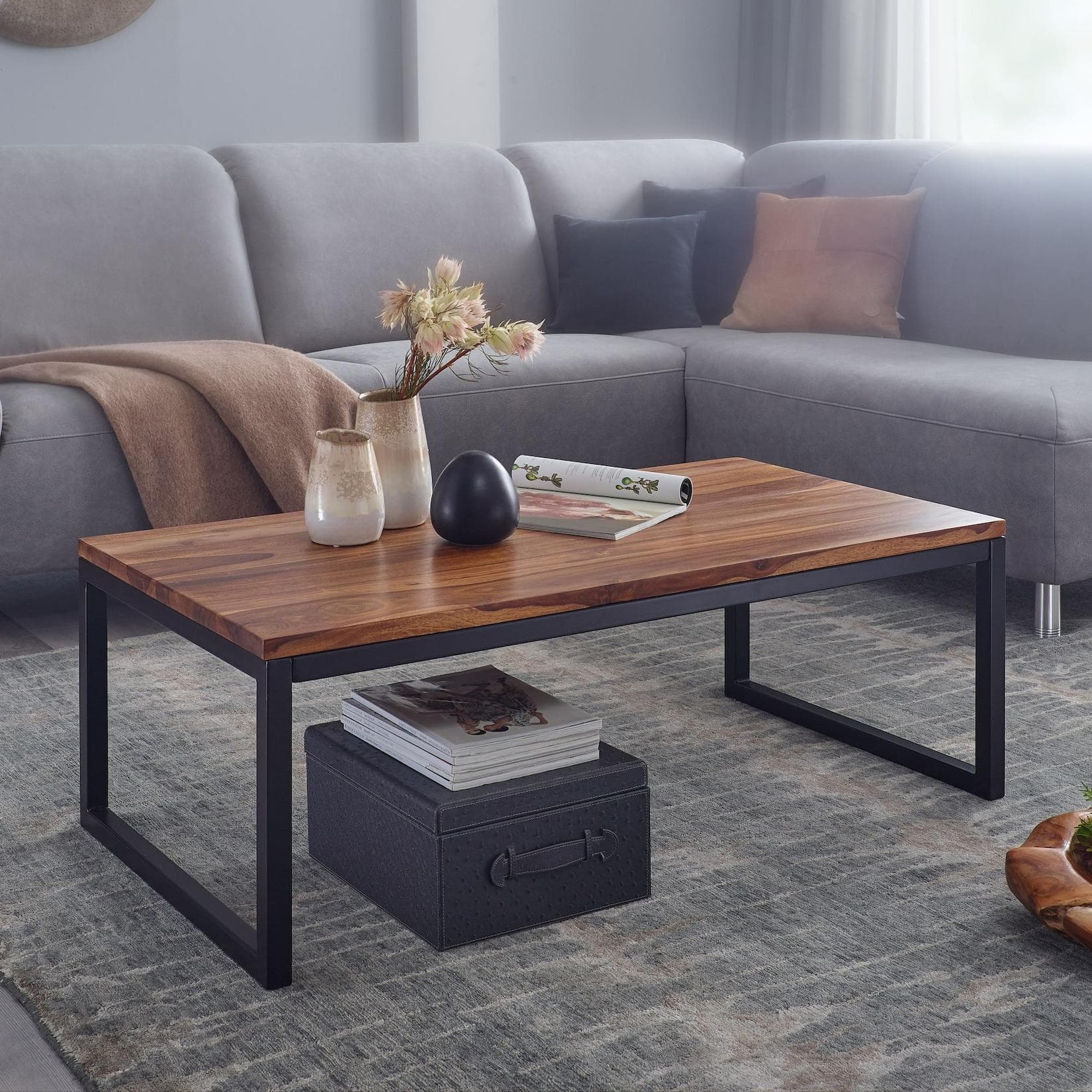 FineBuy Couchtisch Industrial Style Massivholz Metallbeine