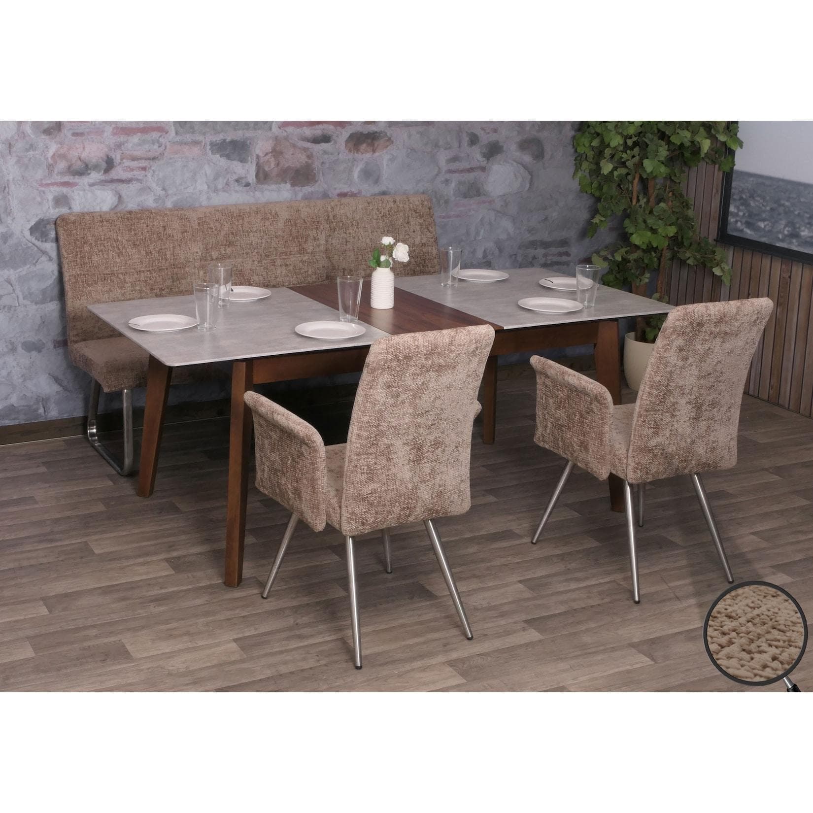 Esszimmer-Set MCW-G55 mit Armlehne und Sitzbank, Braun, Edelstahl