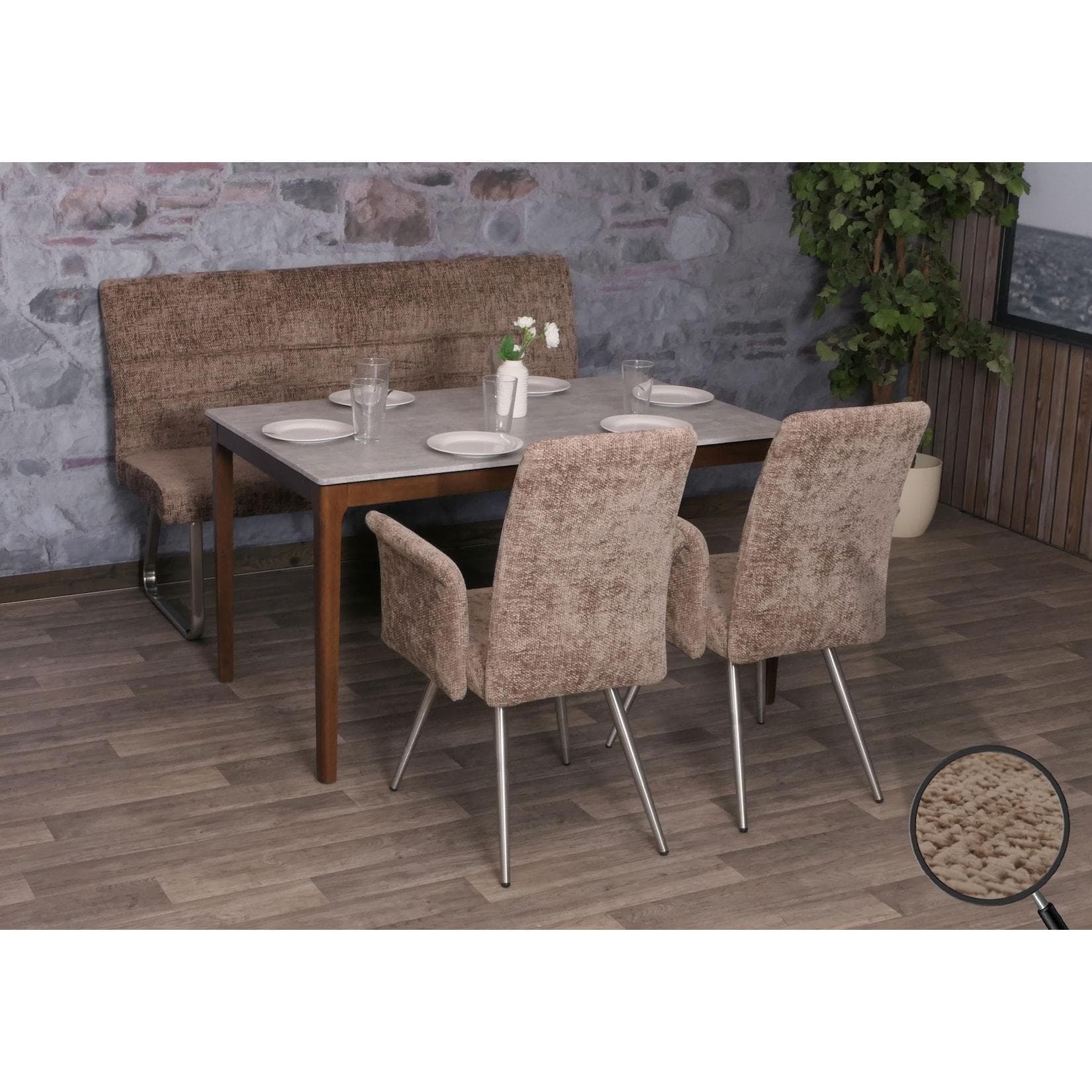 Esszimmer-Set MCW-G55 mit 2 Stühlen und Sitzbank, Braun, Edelstahl