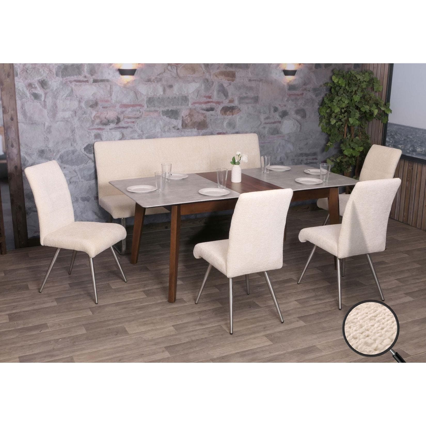 Esszimmer-Set MCW-G55 mit 4 Stühlen und Sitzbank, Creme, Edelstahl